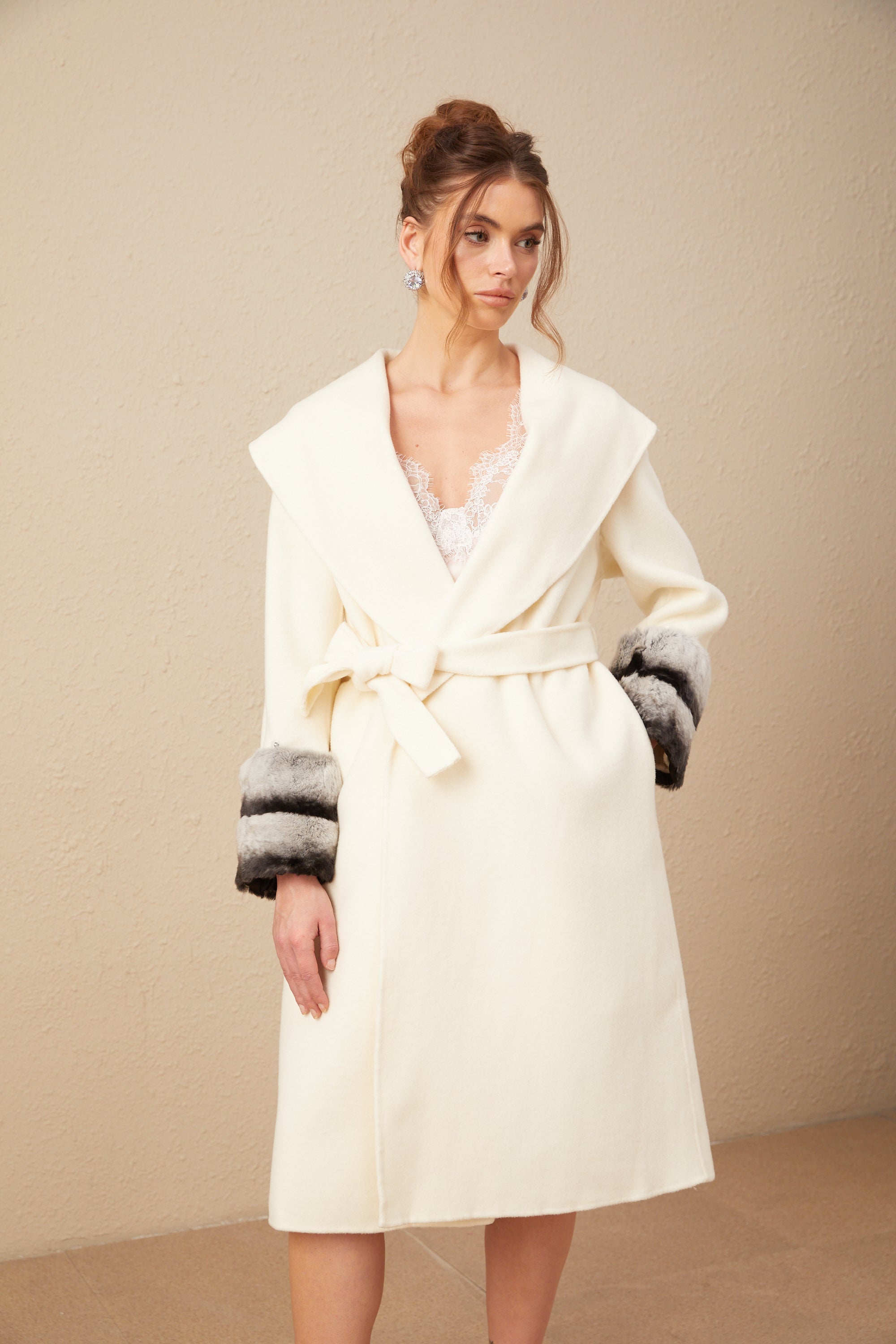 Vienne off-white faux fur wrap overcoat