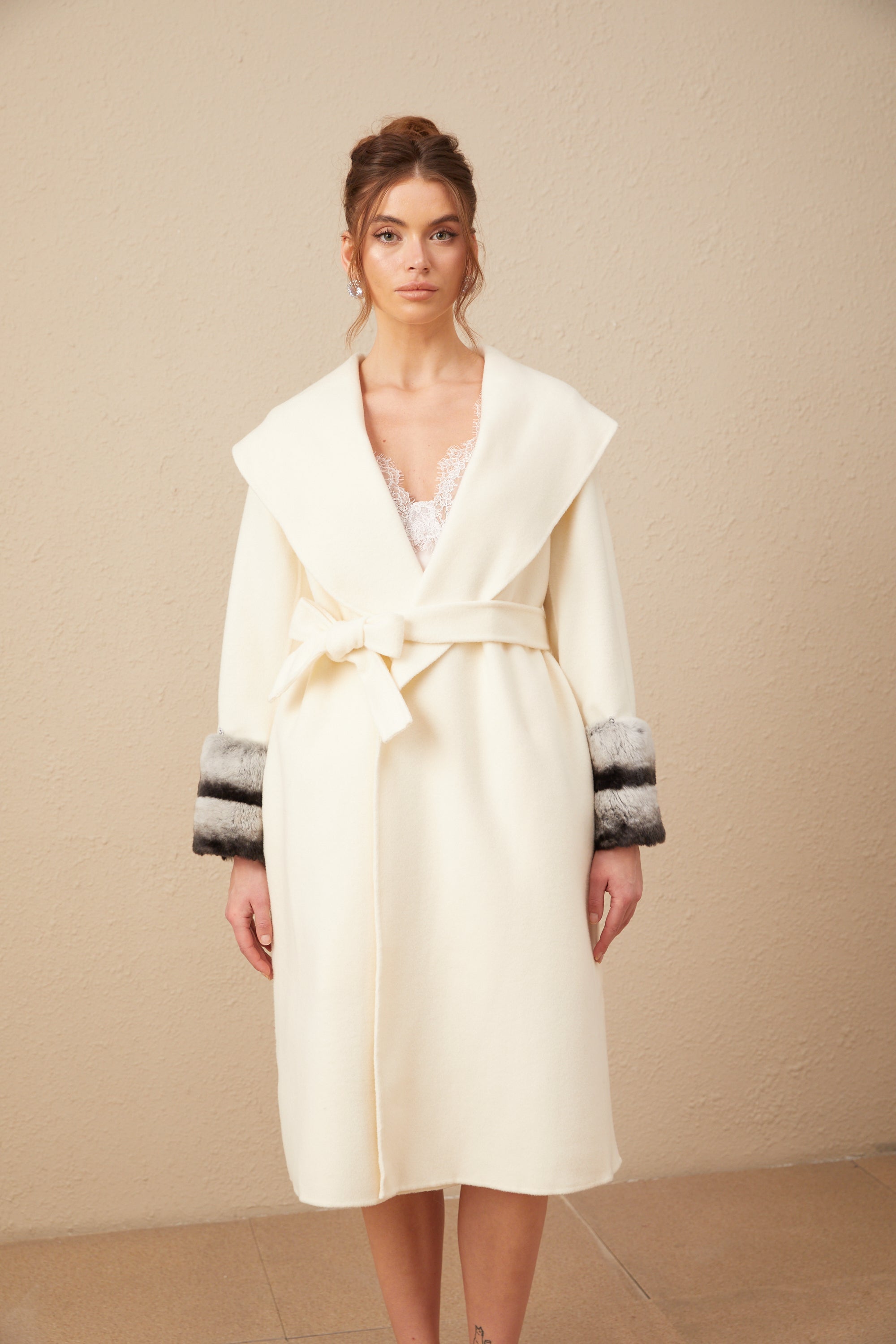 Vienne off-white faux fur wrap overcoat