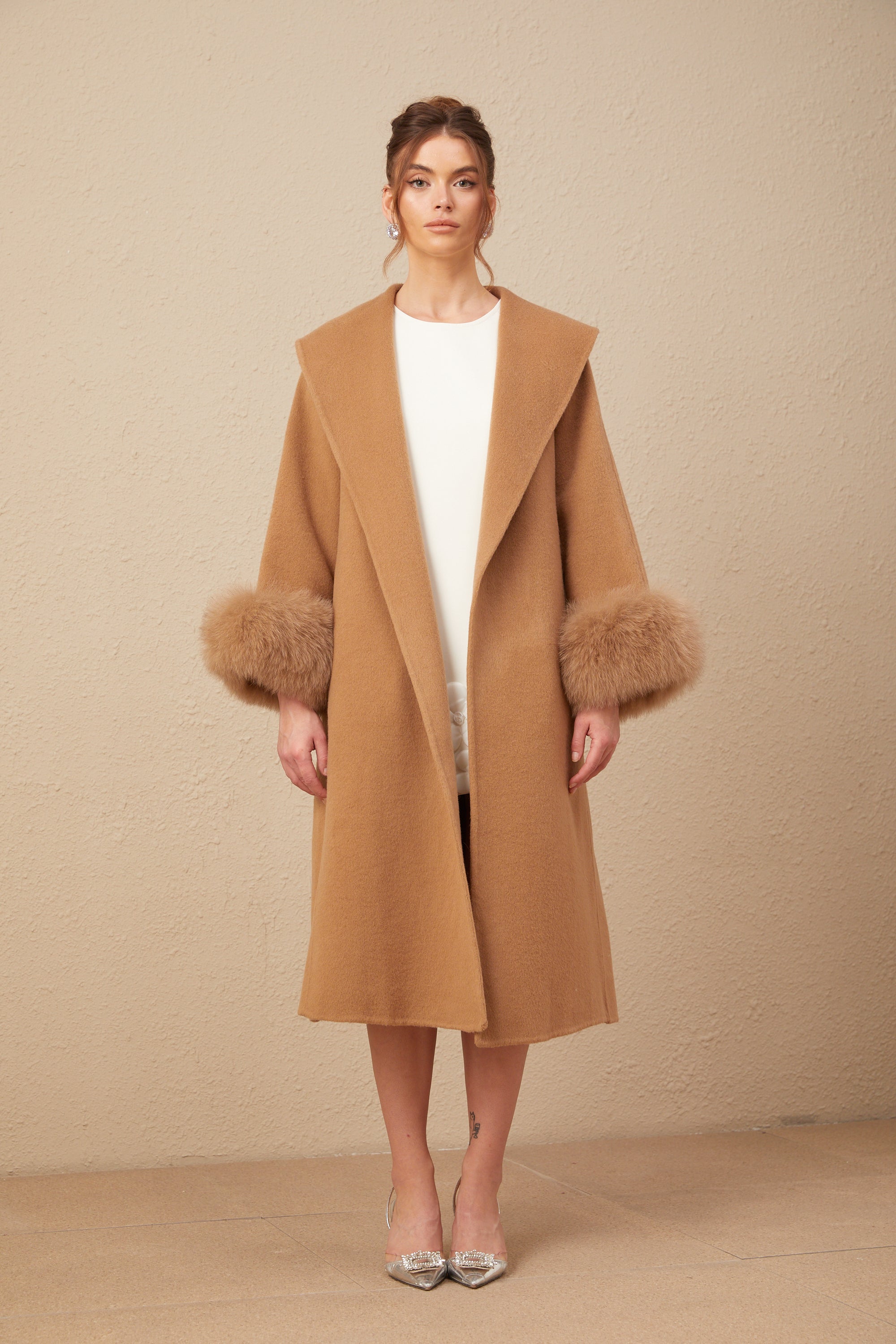 Ysandre brown felted woolen wrap overcoat