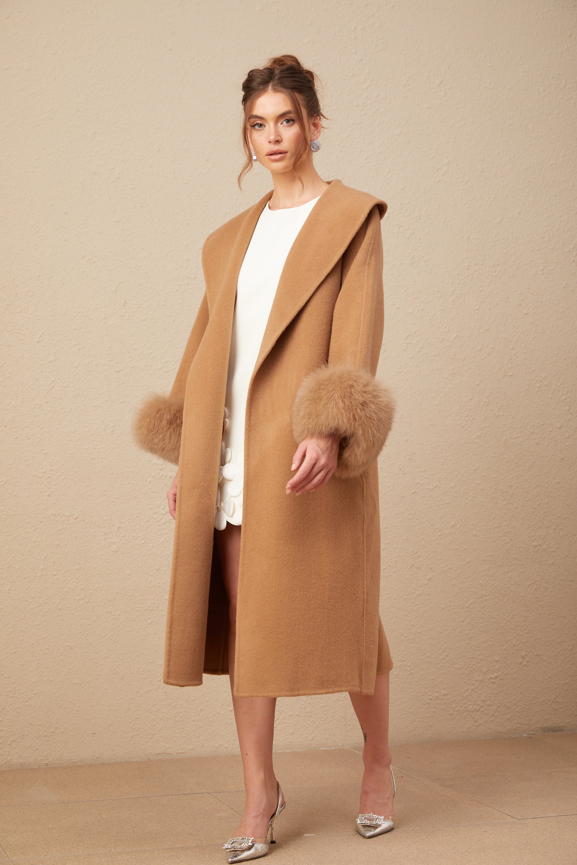 Ysandre brown felted woolen wrap overcoat