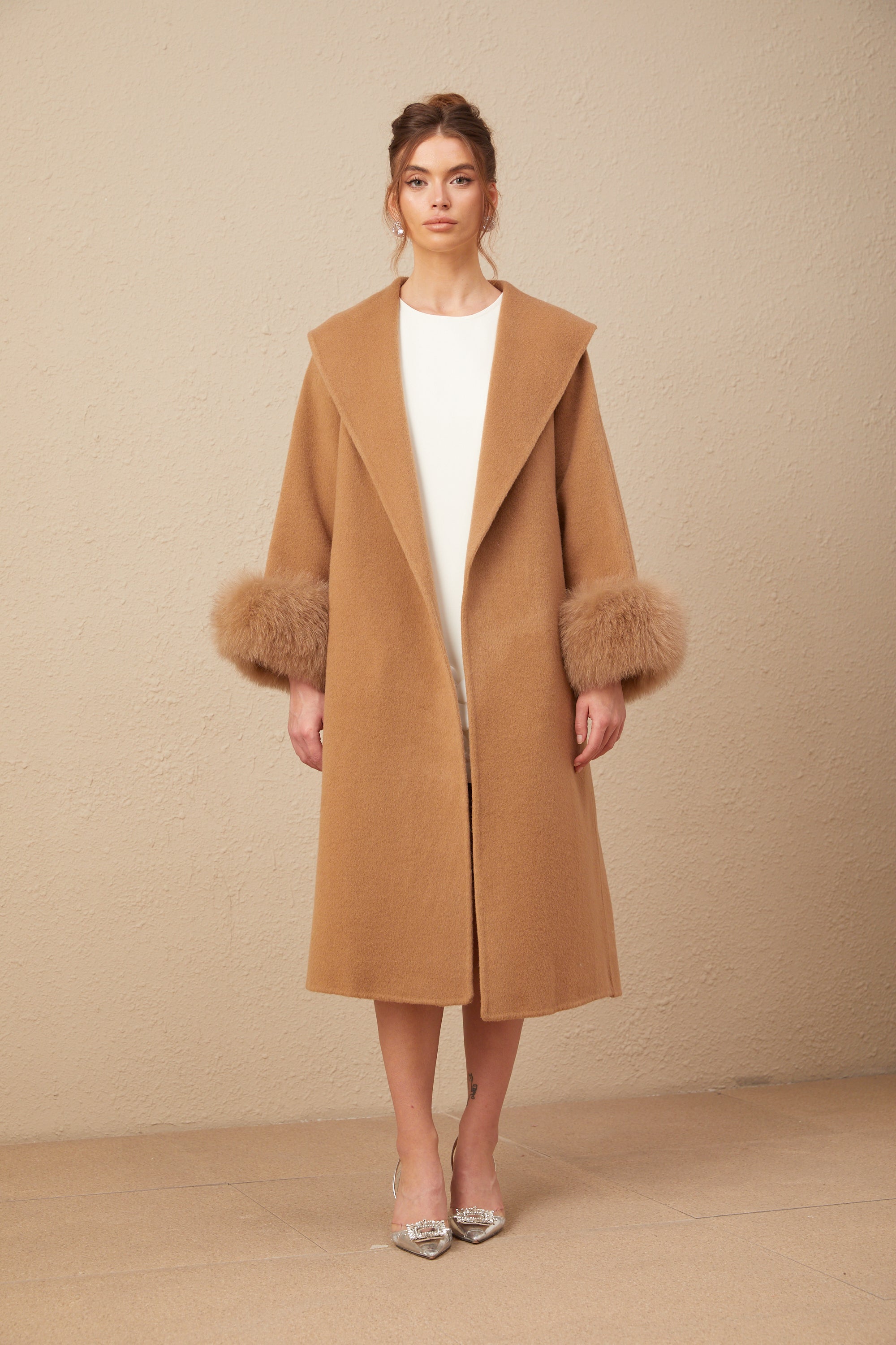 Ysandre brown felted woolen wrap overcoat