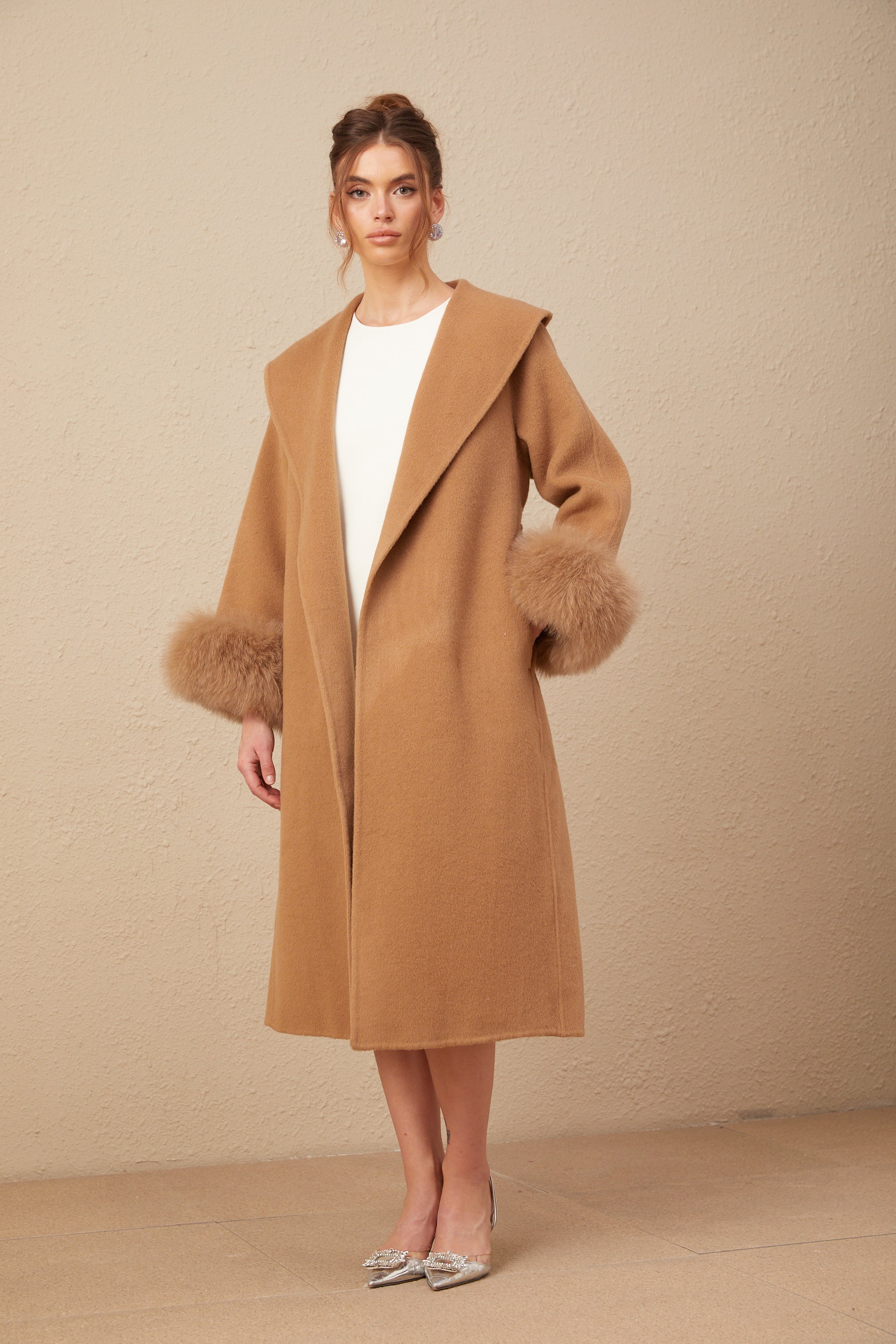 Ysandre brown felted woolen wrap overcoat