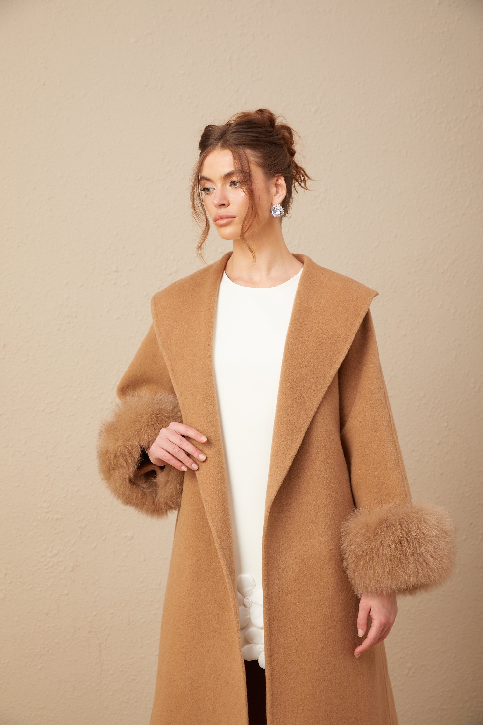 Ysandre brown felted woolen wrap overcoat