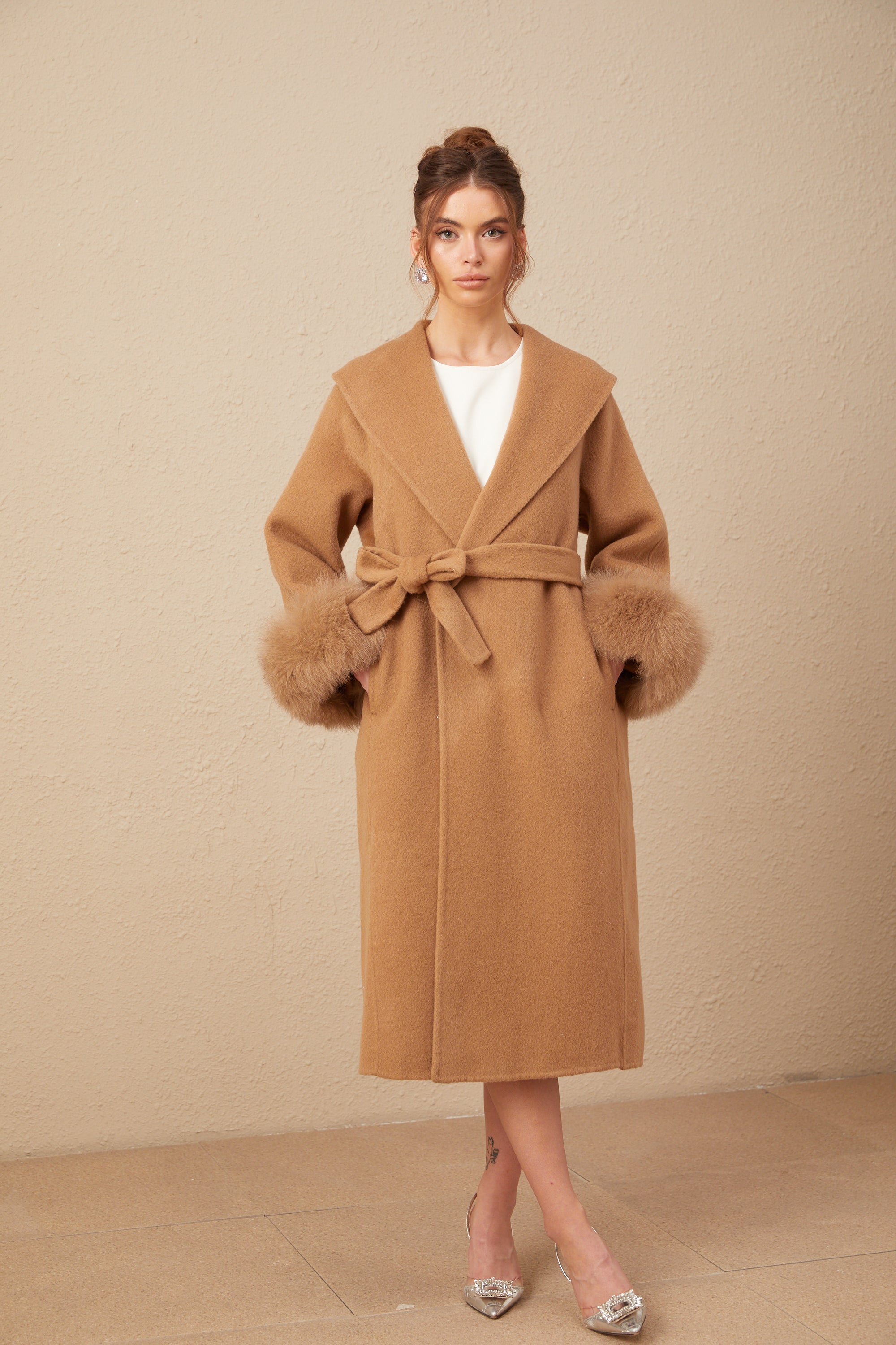 Ysandre brown felted woolen wrap overcoat