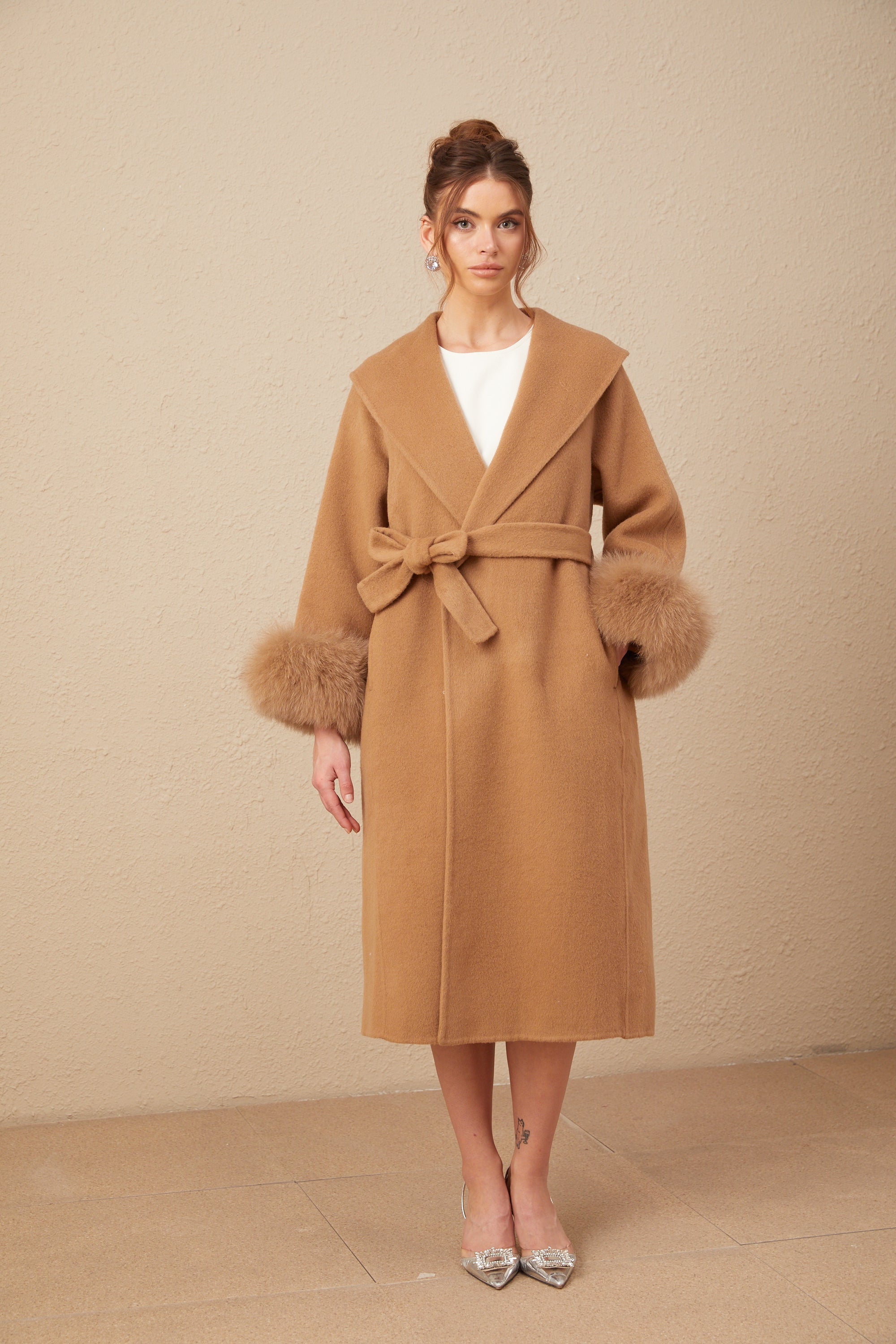 Ysandre brown felted woolen wrap overcoat