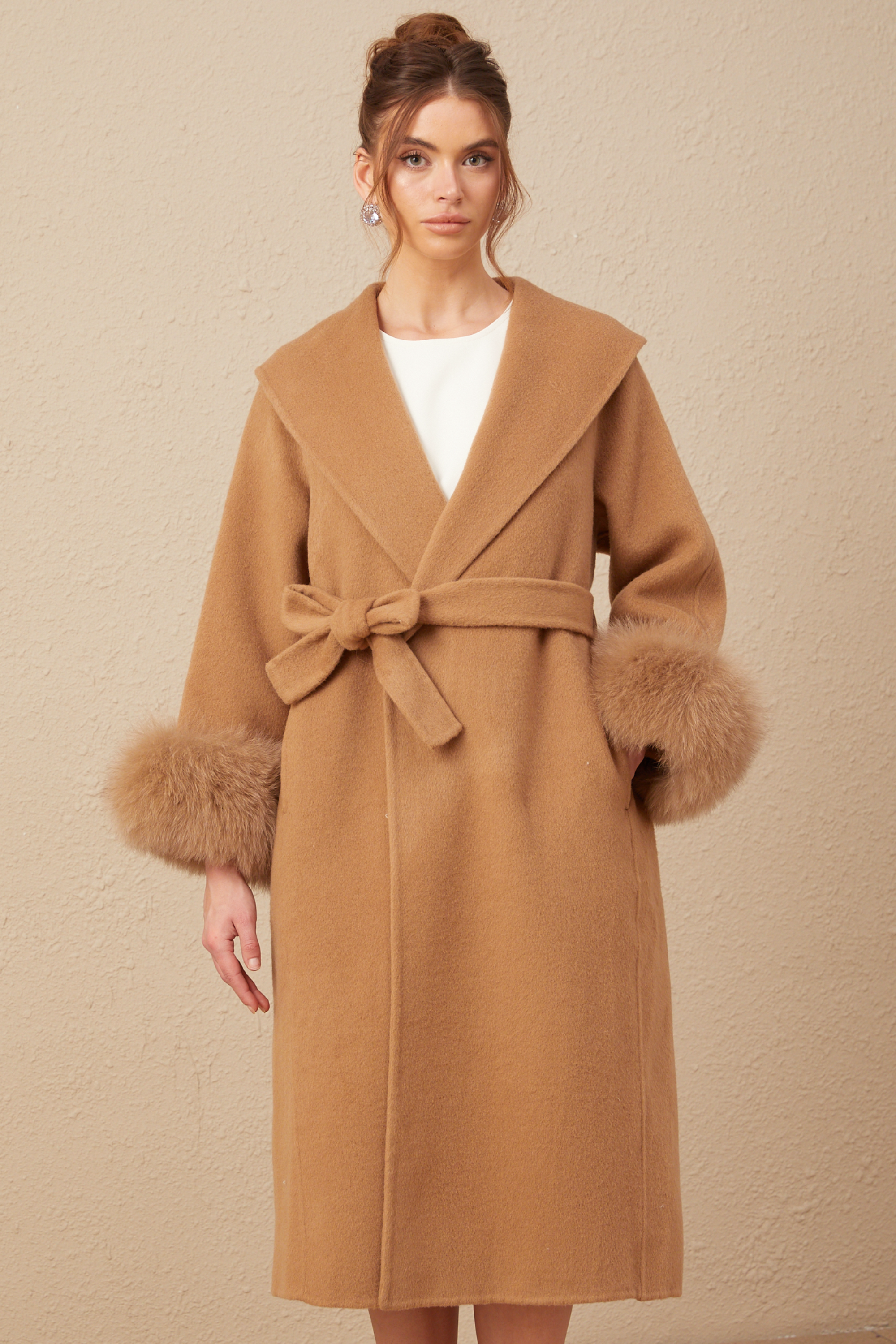 Ysandre brown felted woolen wrap overcoat