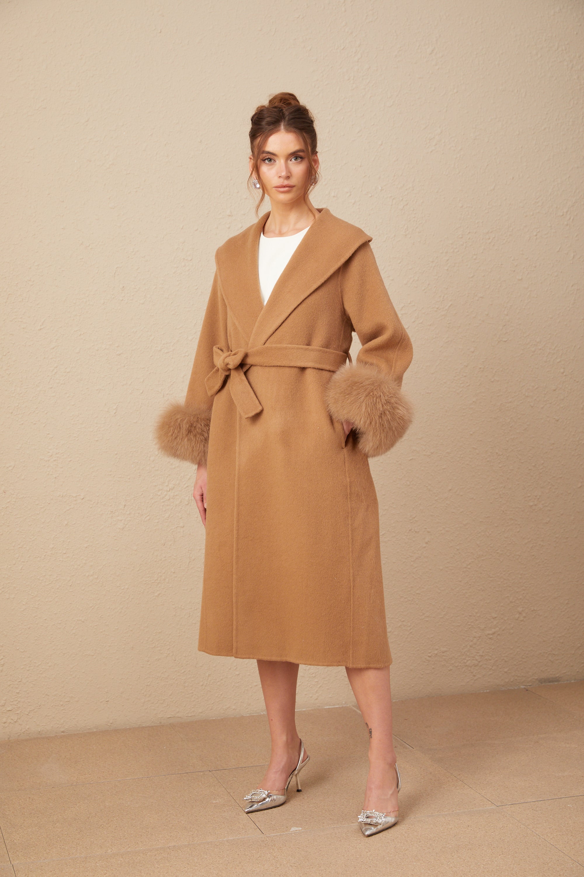 Ysandre brown felted woolen wrap overcoat