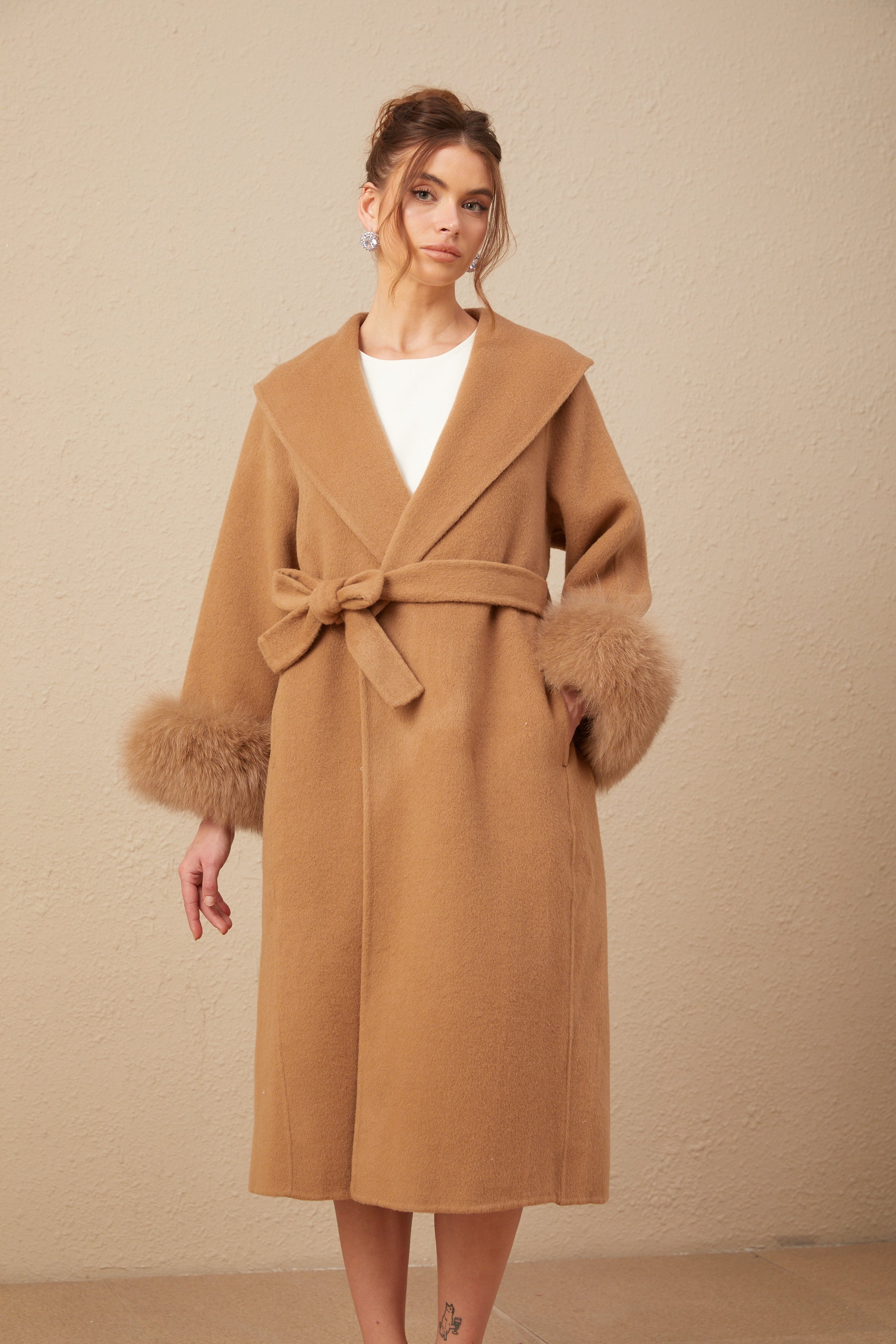 Ysandre brown felted woolen wrap overcoat