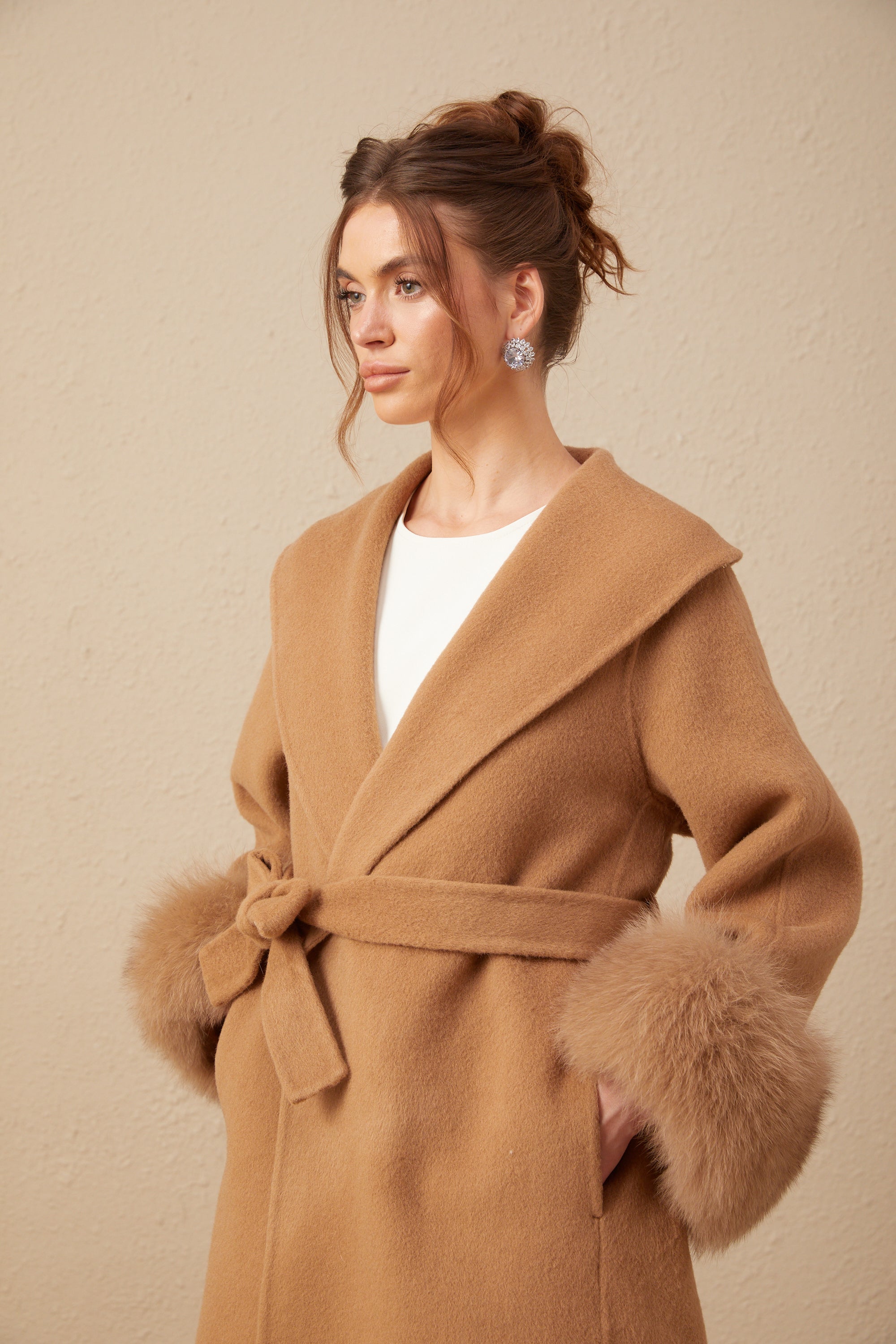 Ysandre brown felted woolen wrap overcoat