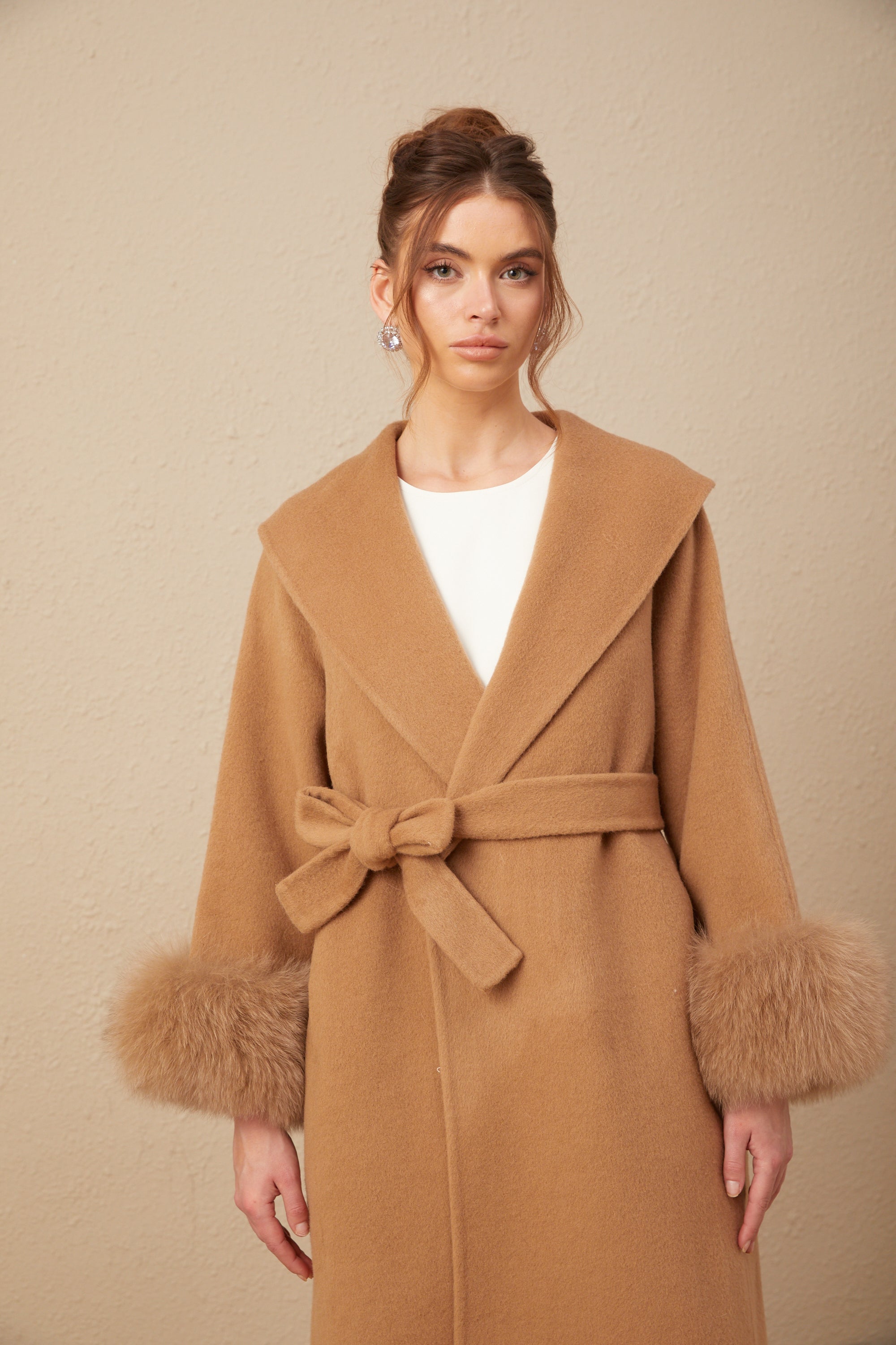 Ysandre brown felted woolen wrap overcoat