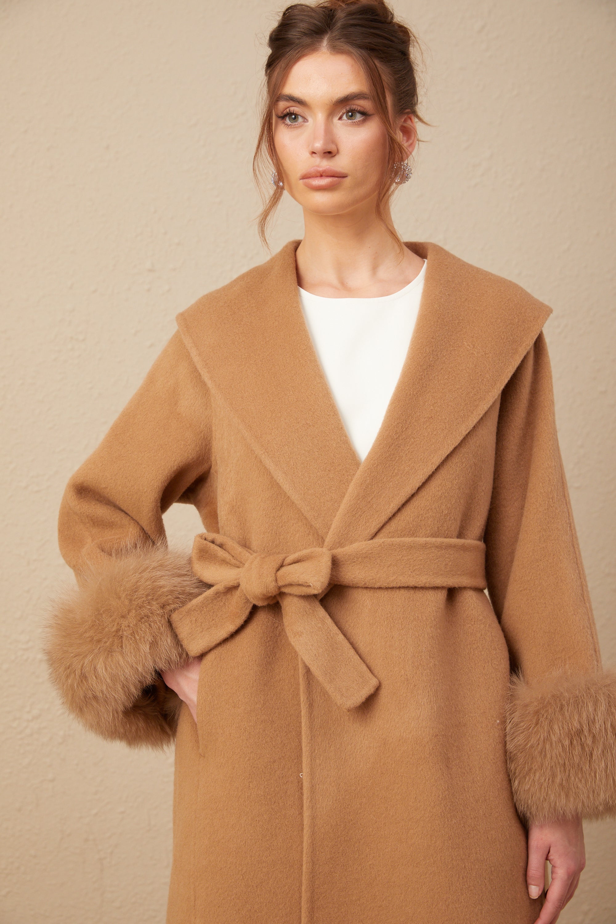 Ysandre brown felted woolen wrap overcoat