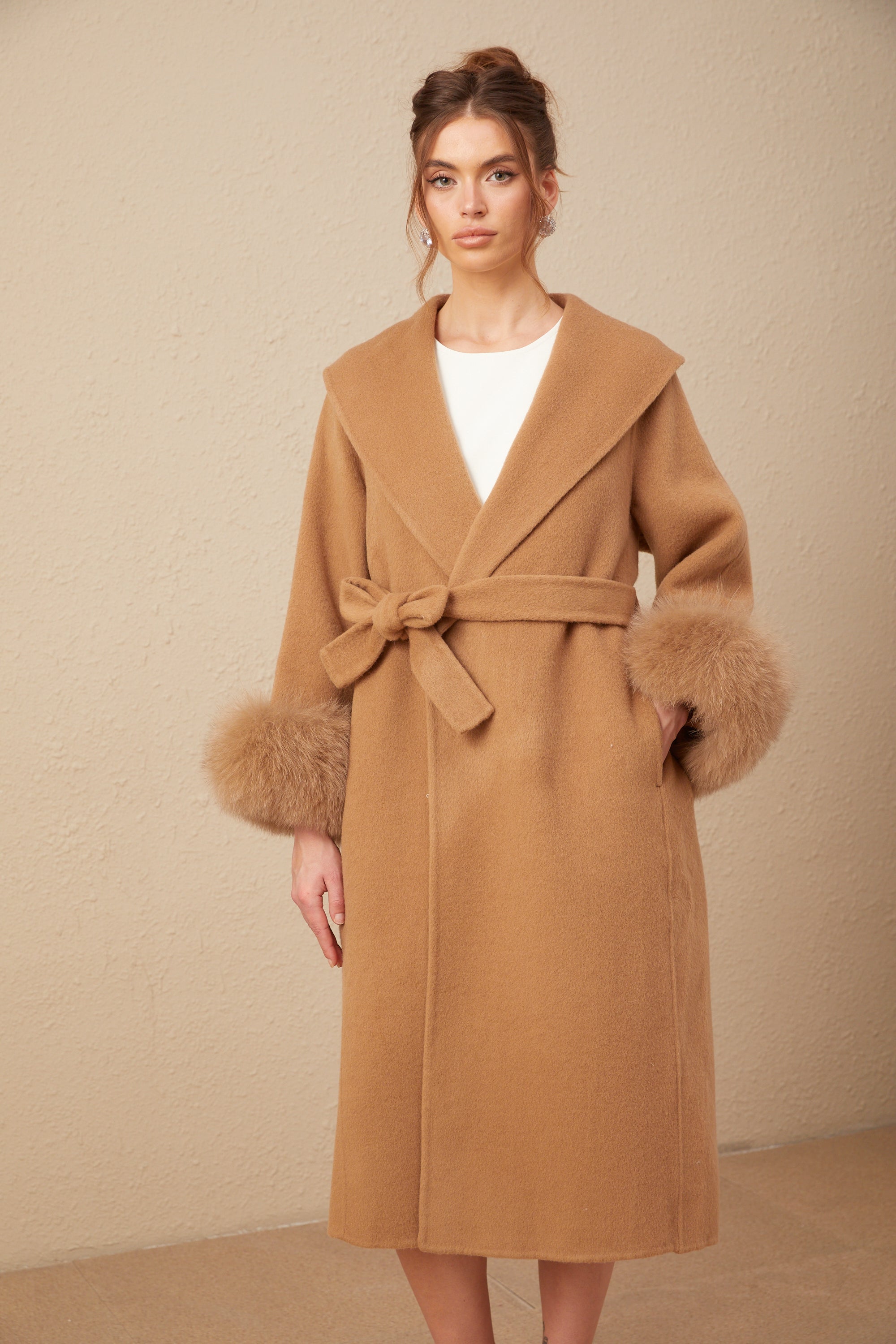 Ysandre brown felted woolen wrap overcoat