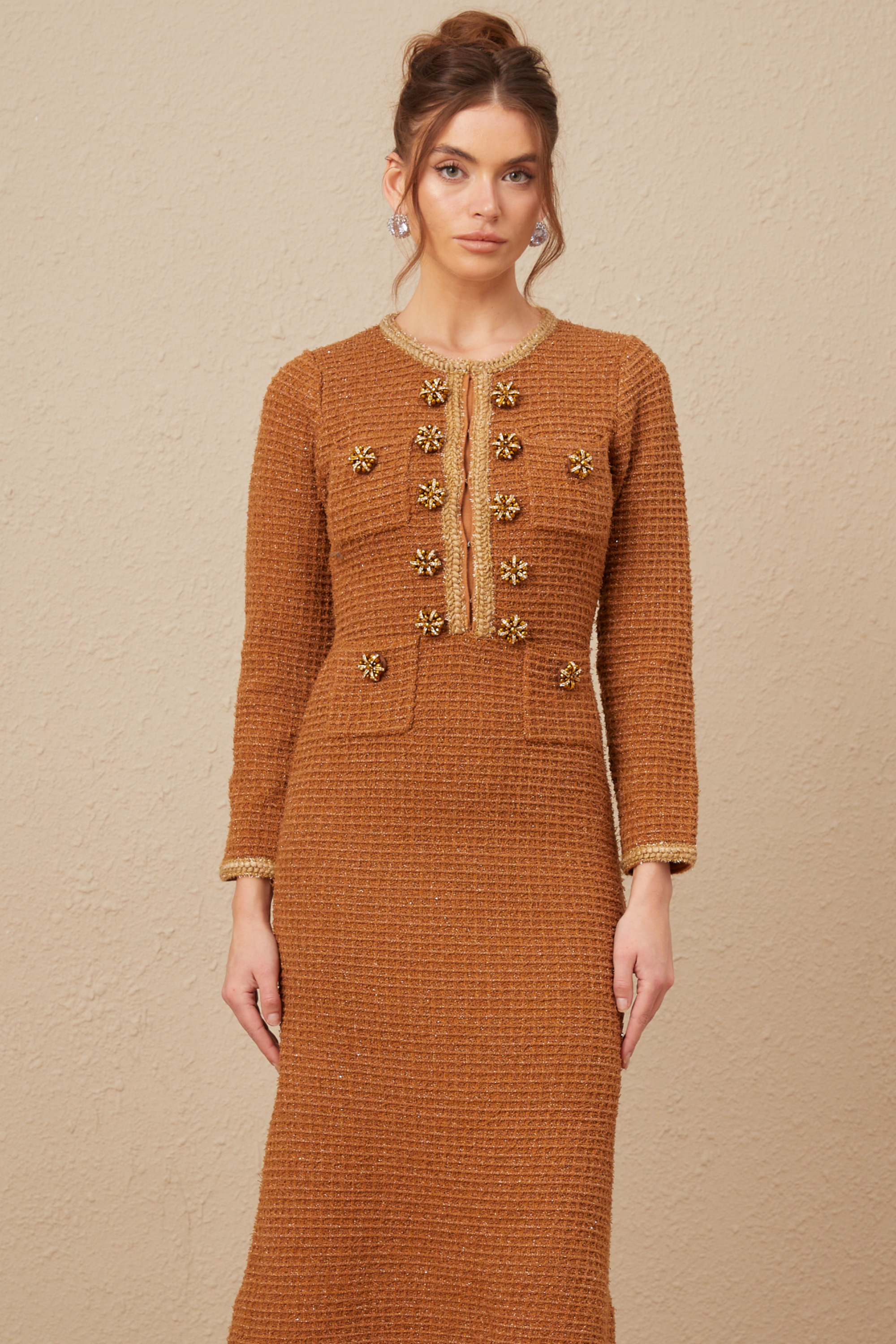 Epona brown braided-edge tweed dress