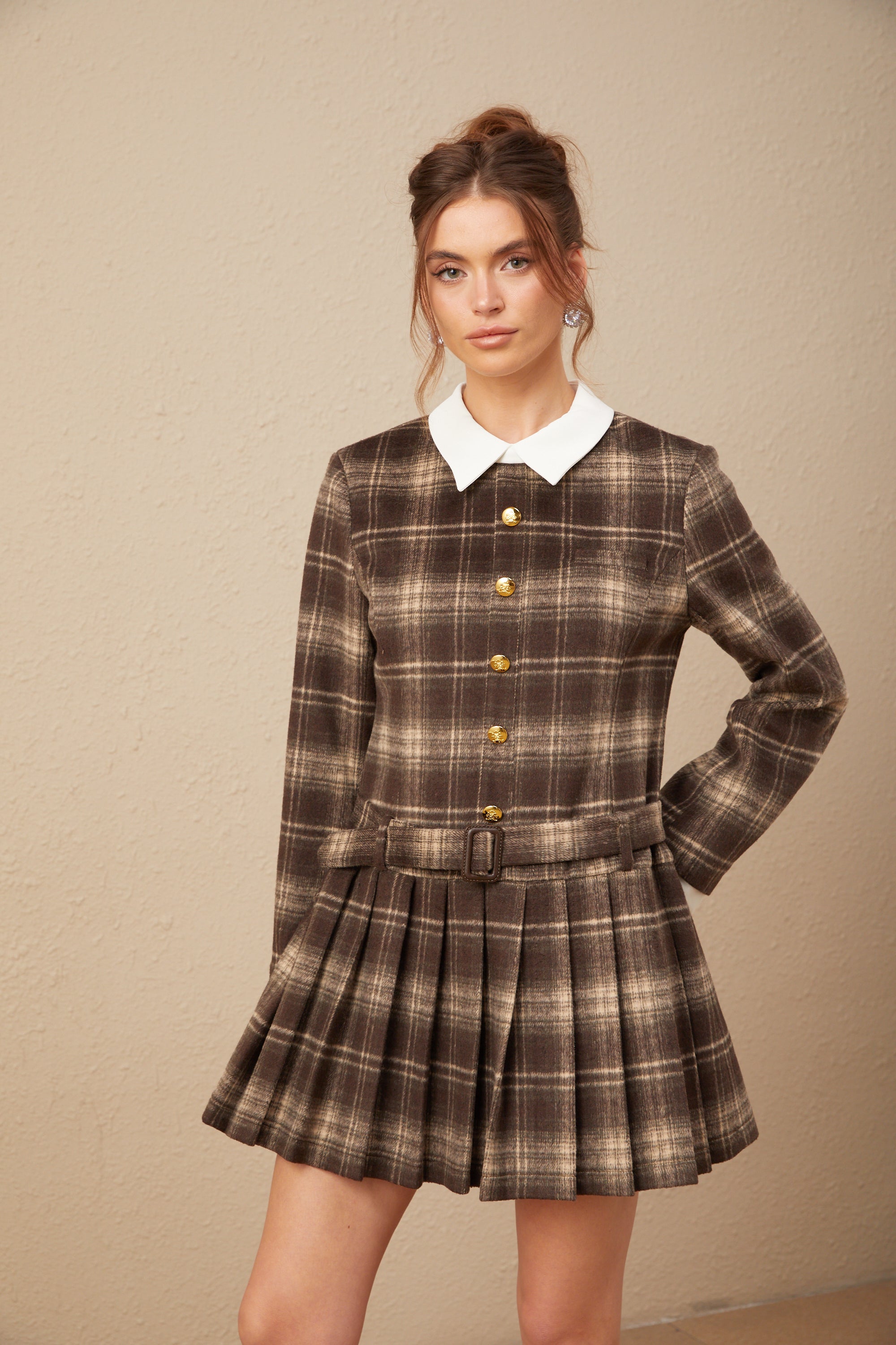 Maegan wool felted-finish belted plaid mini dress