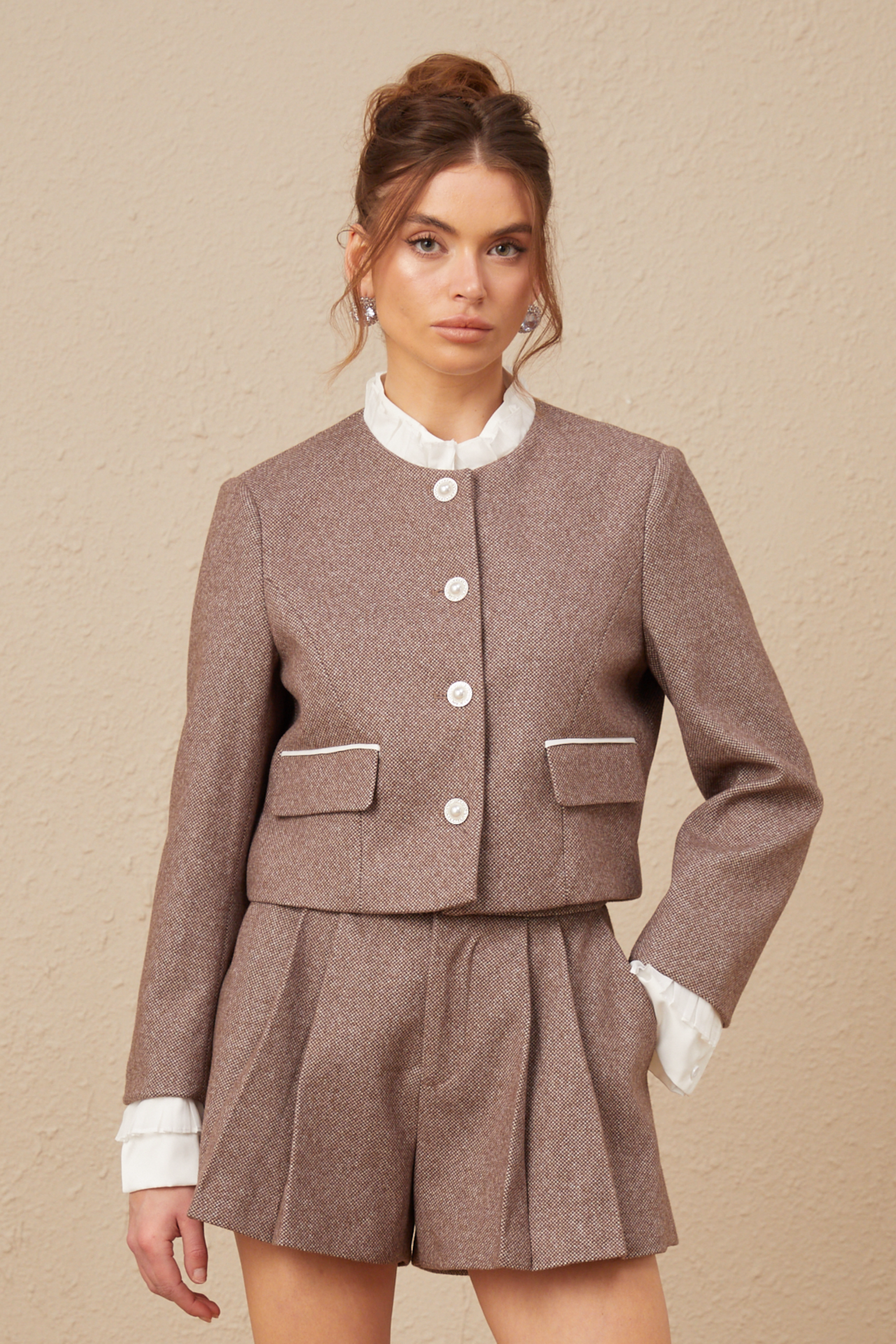 Libbie brown wool frilled jacket & culottes matching set