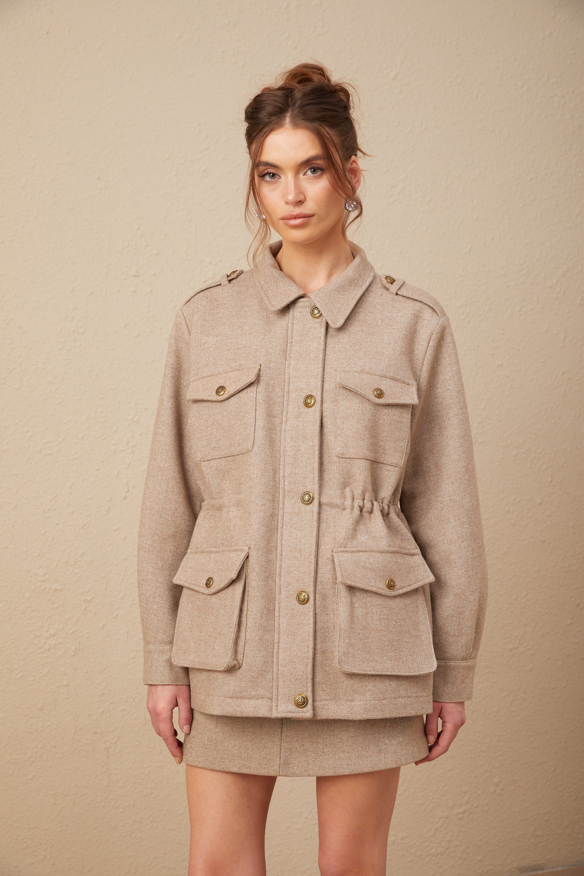 Clarisse khaki wool twill jacket & culottes matching set