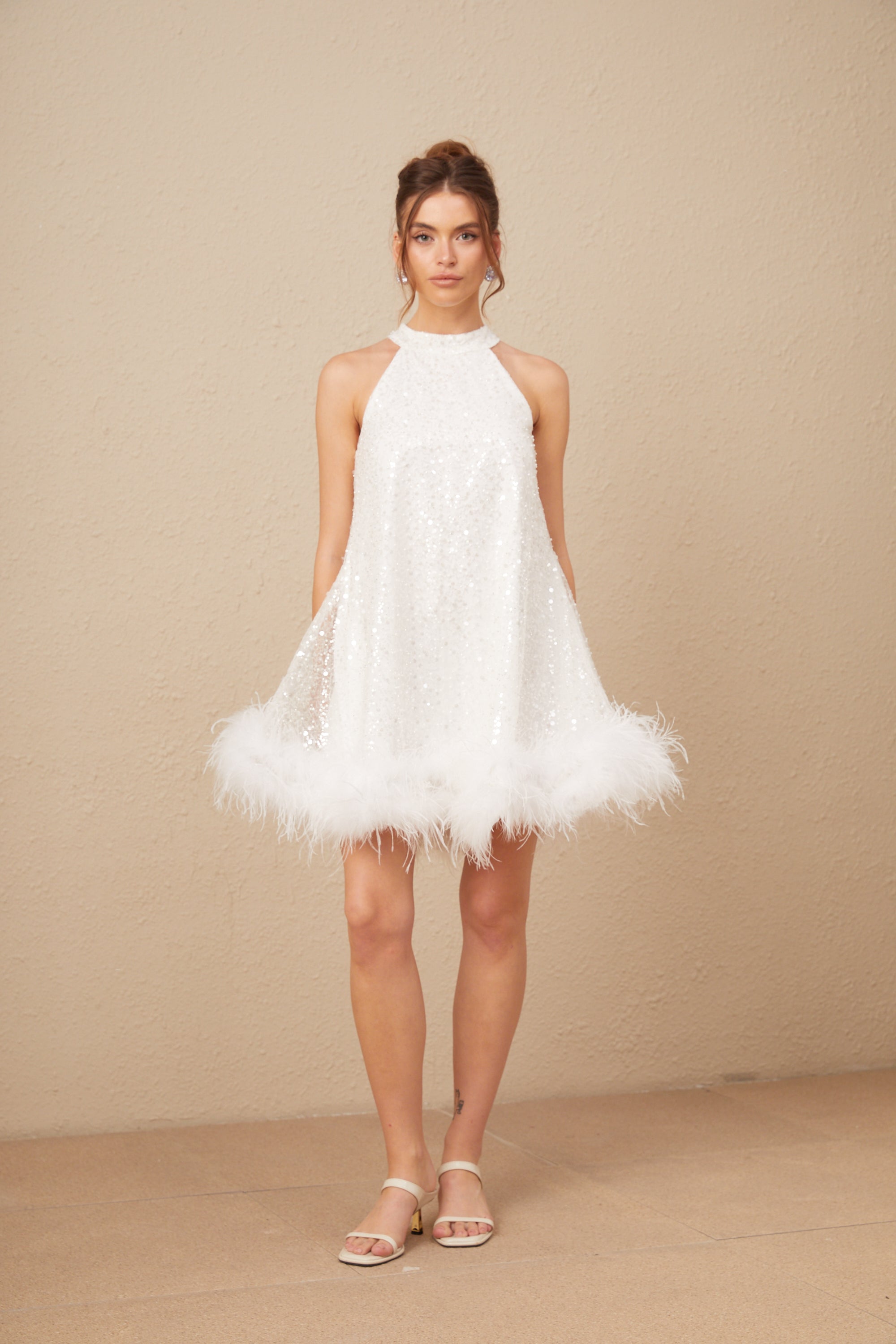 Coralie white sequin-embellished feather-trim mini dress