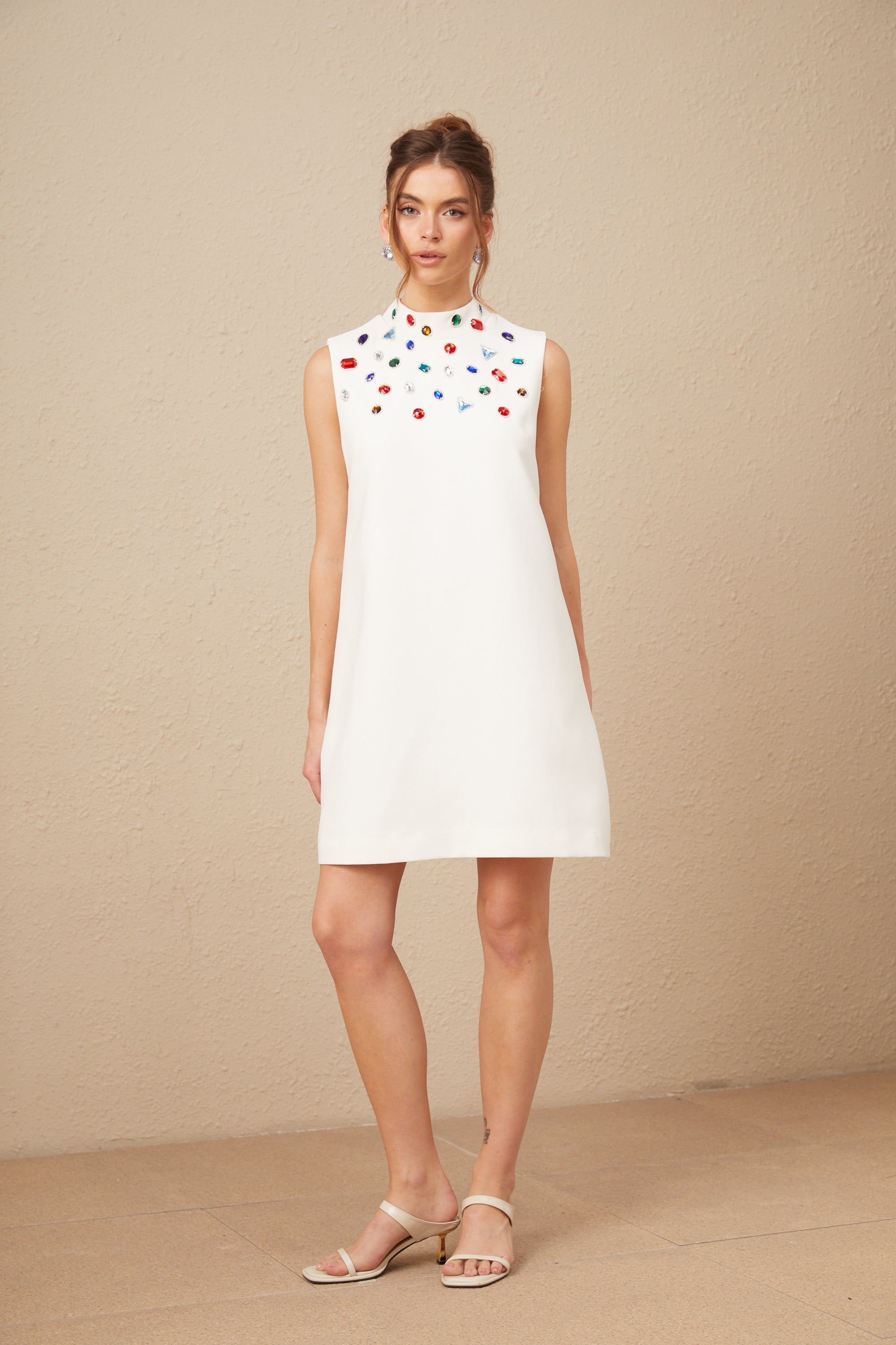 Élise white crystal oversized-bow sleeveless mini dress