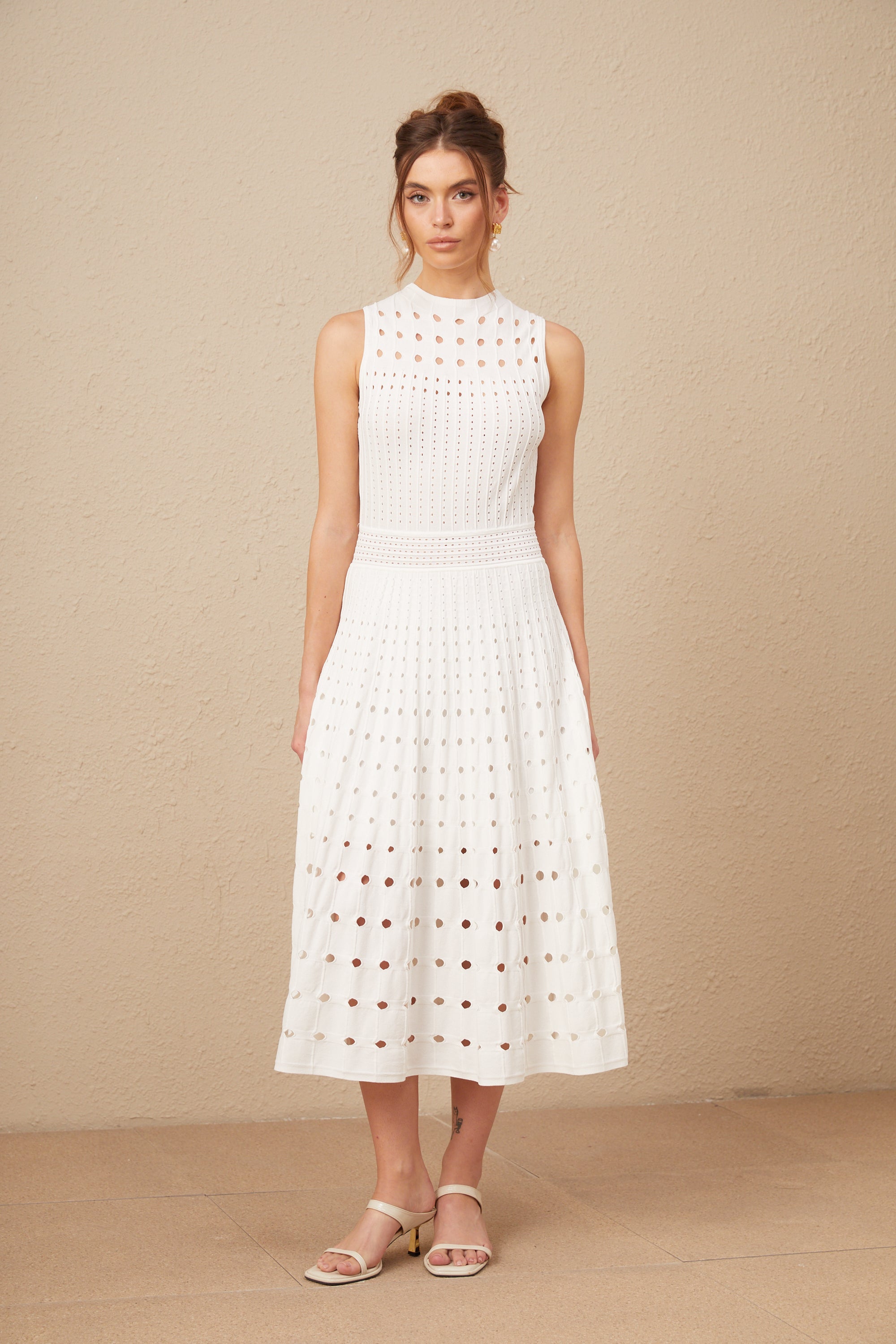 Charlotte white sleeveless cut-out knitted midi dress