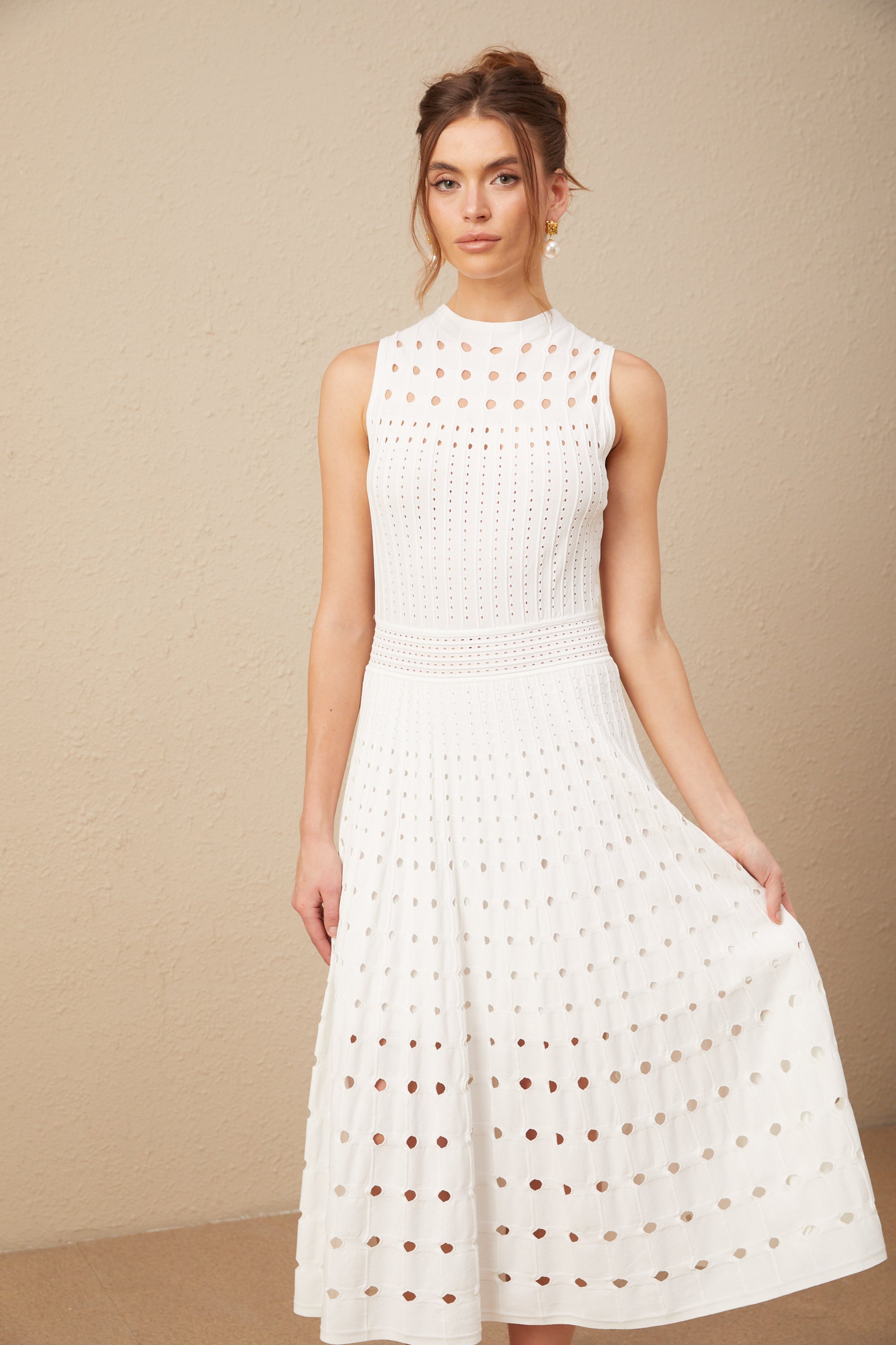 Charlotte white sleeveless cut-out knitted midi dress