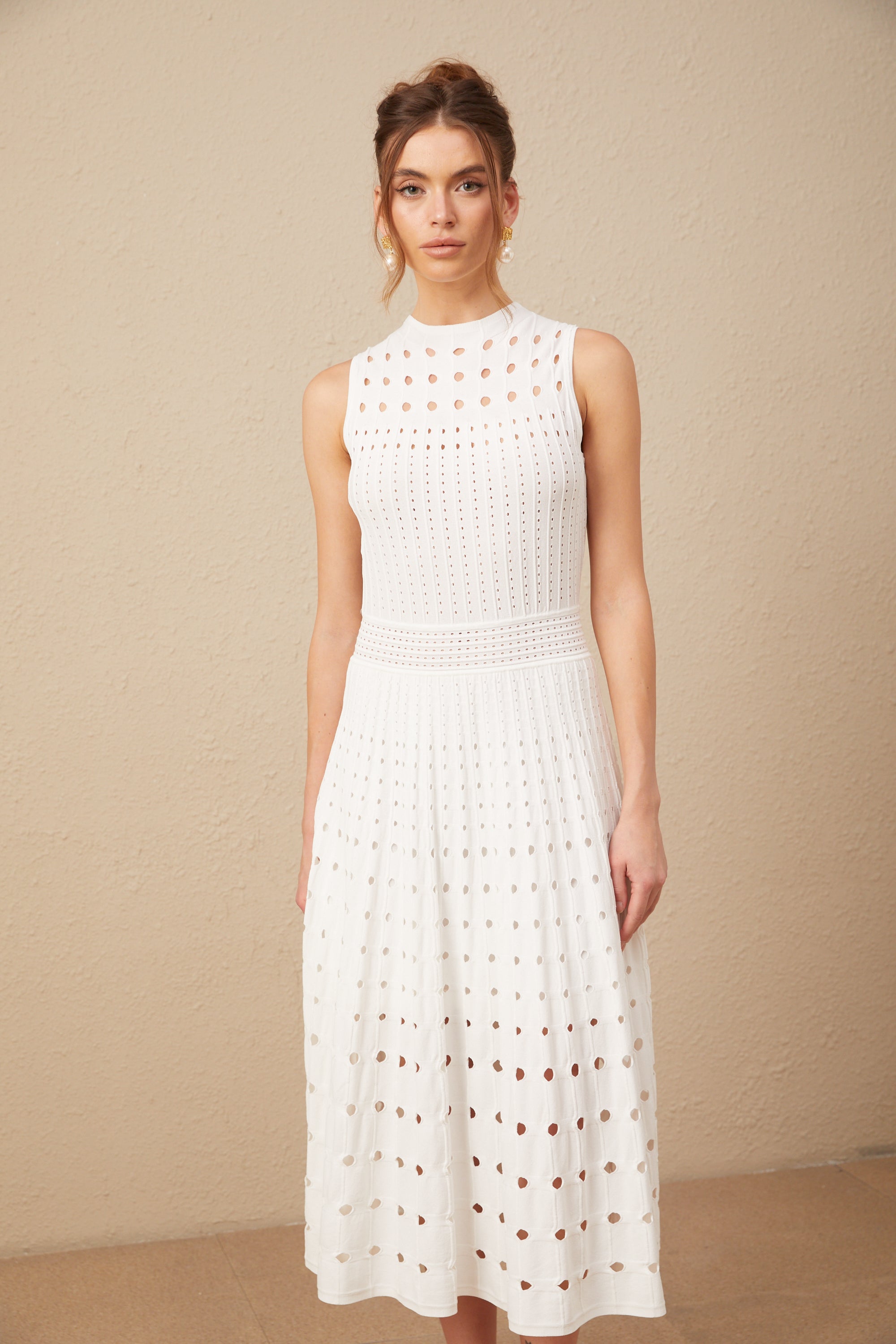 Charlotte white sleeveless cut-out knitted midi dress