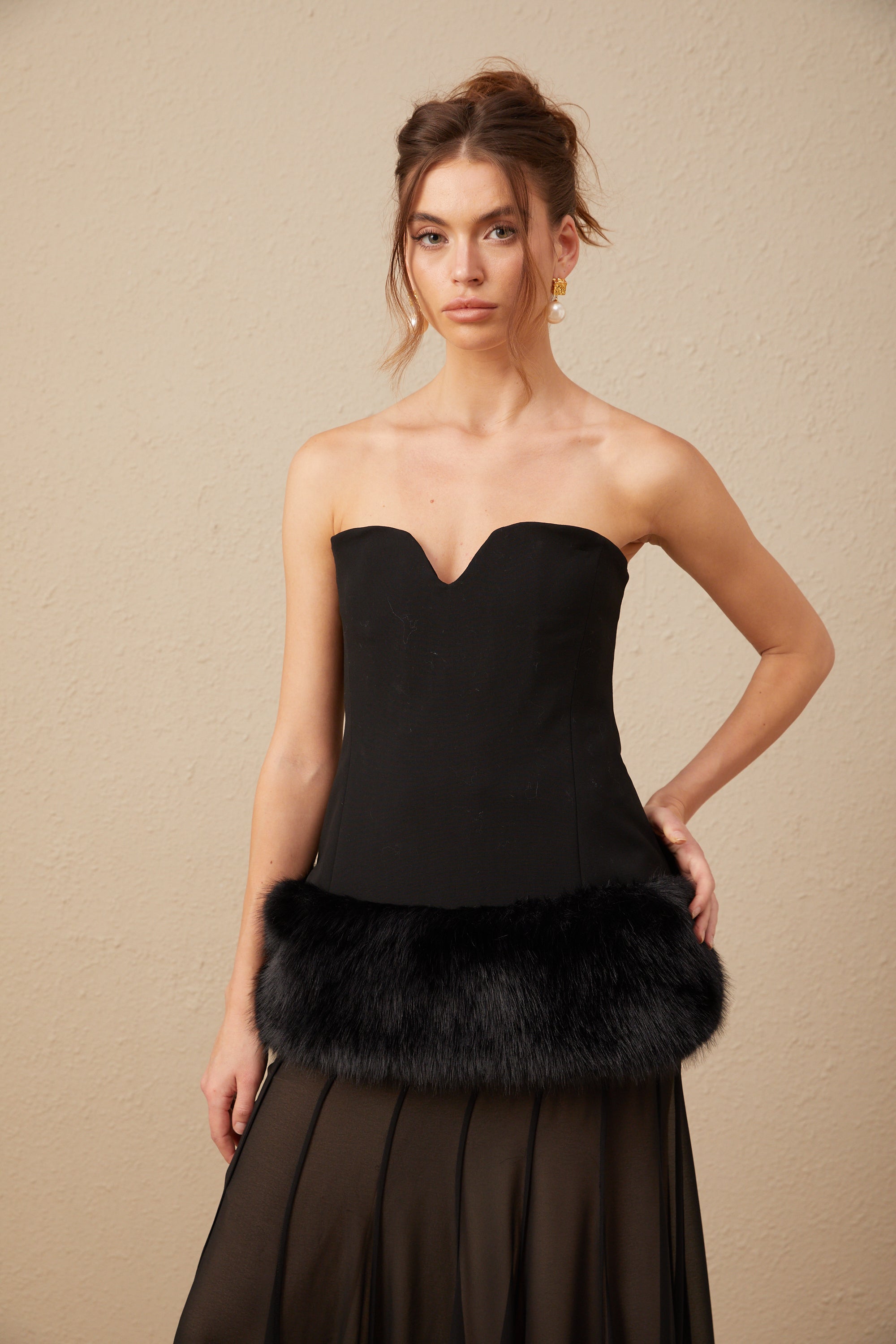 Maëlle black off-shoulder fur-panelled top