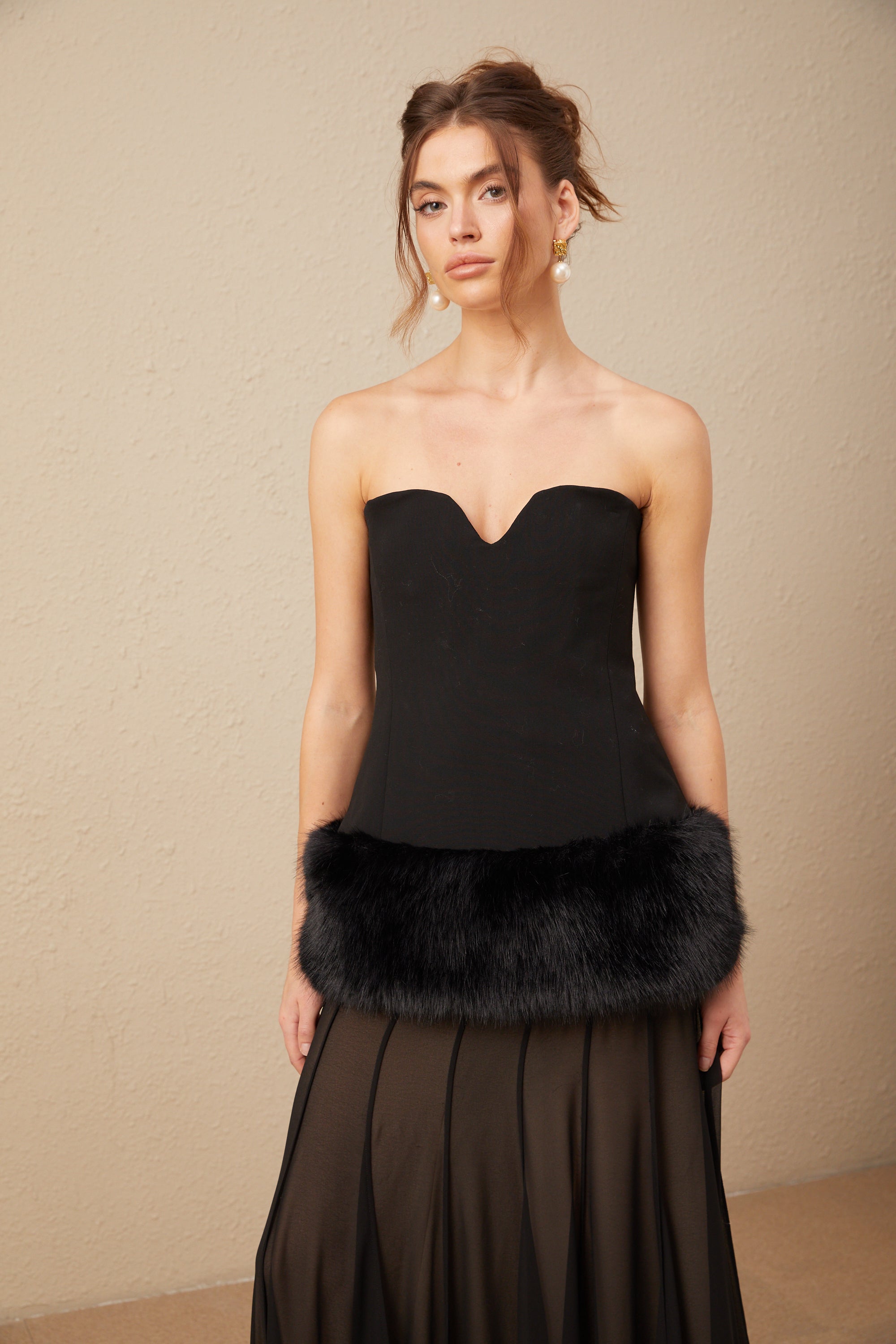 Maëlle black off-shoulder fur-panelled top