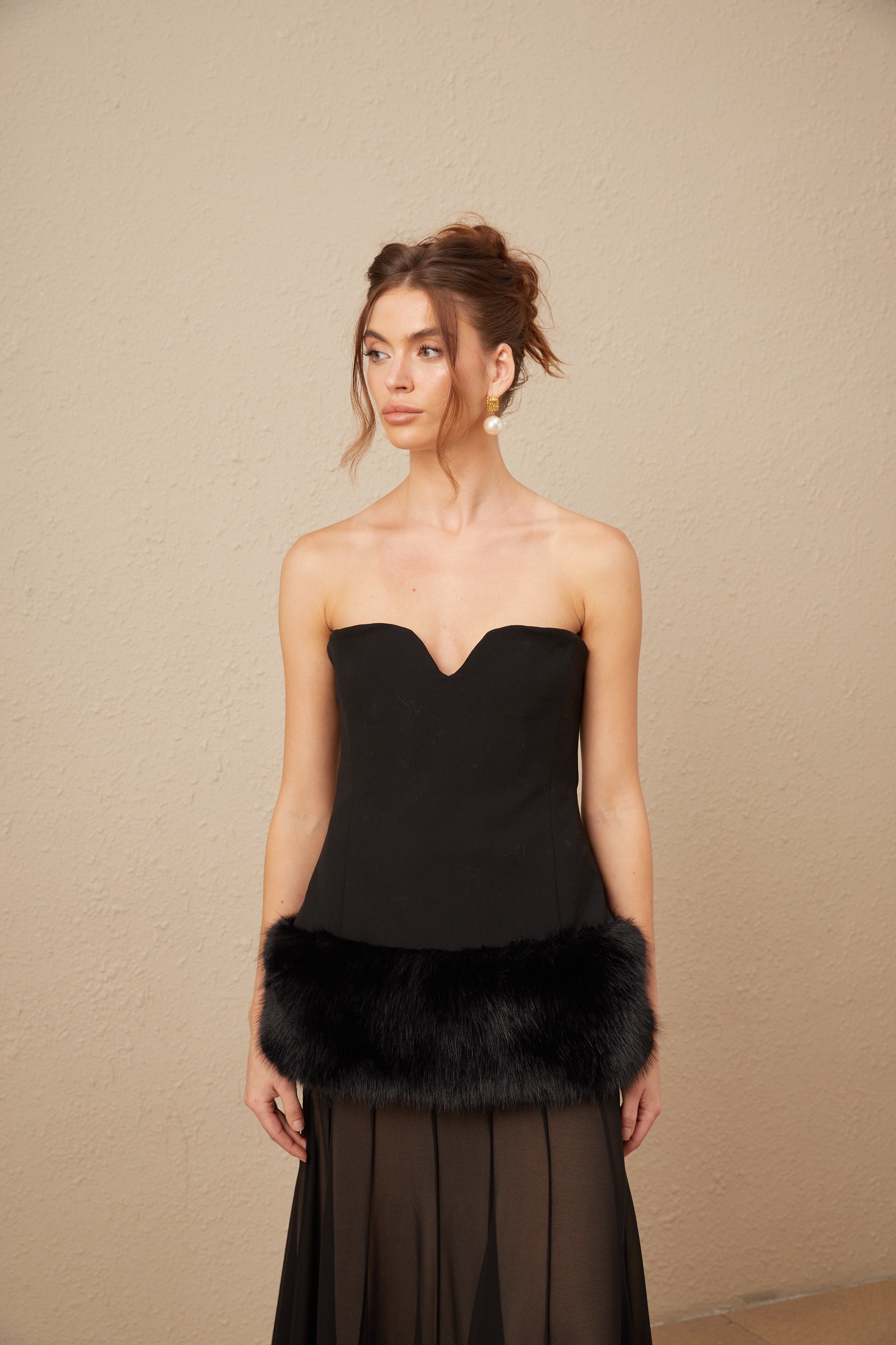 Maëlle black off-shoulder fur-panelled top