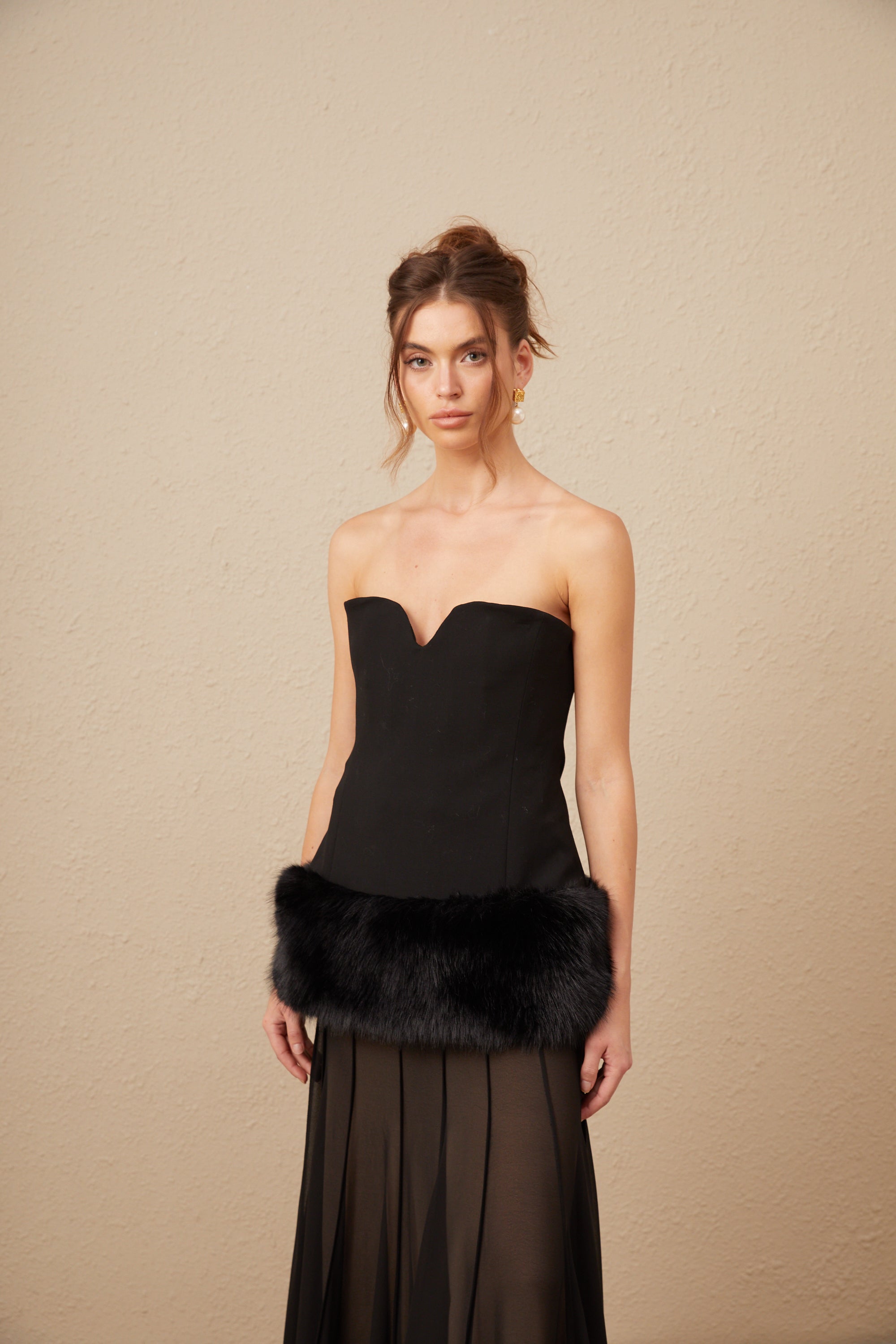 Maëlle black off-shoulder fur-panelled top