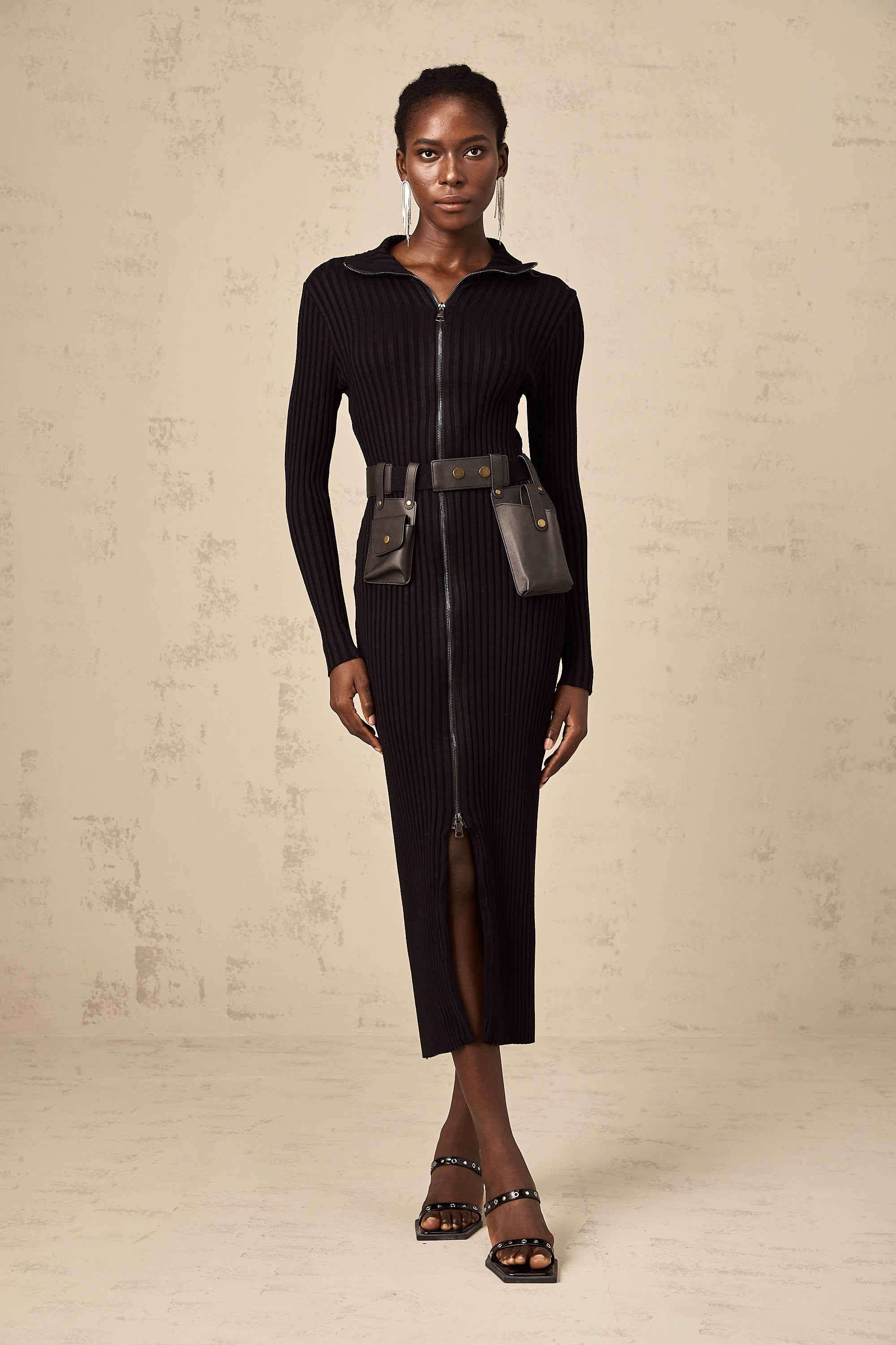 Nicoletta black front-zip belted knit midi dress