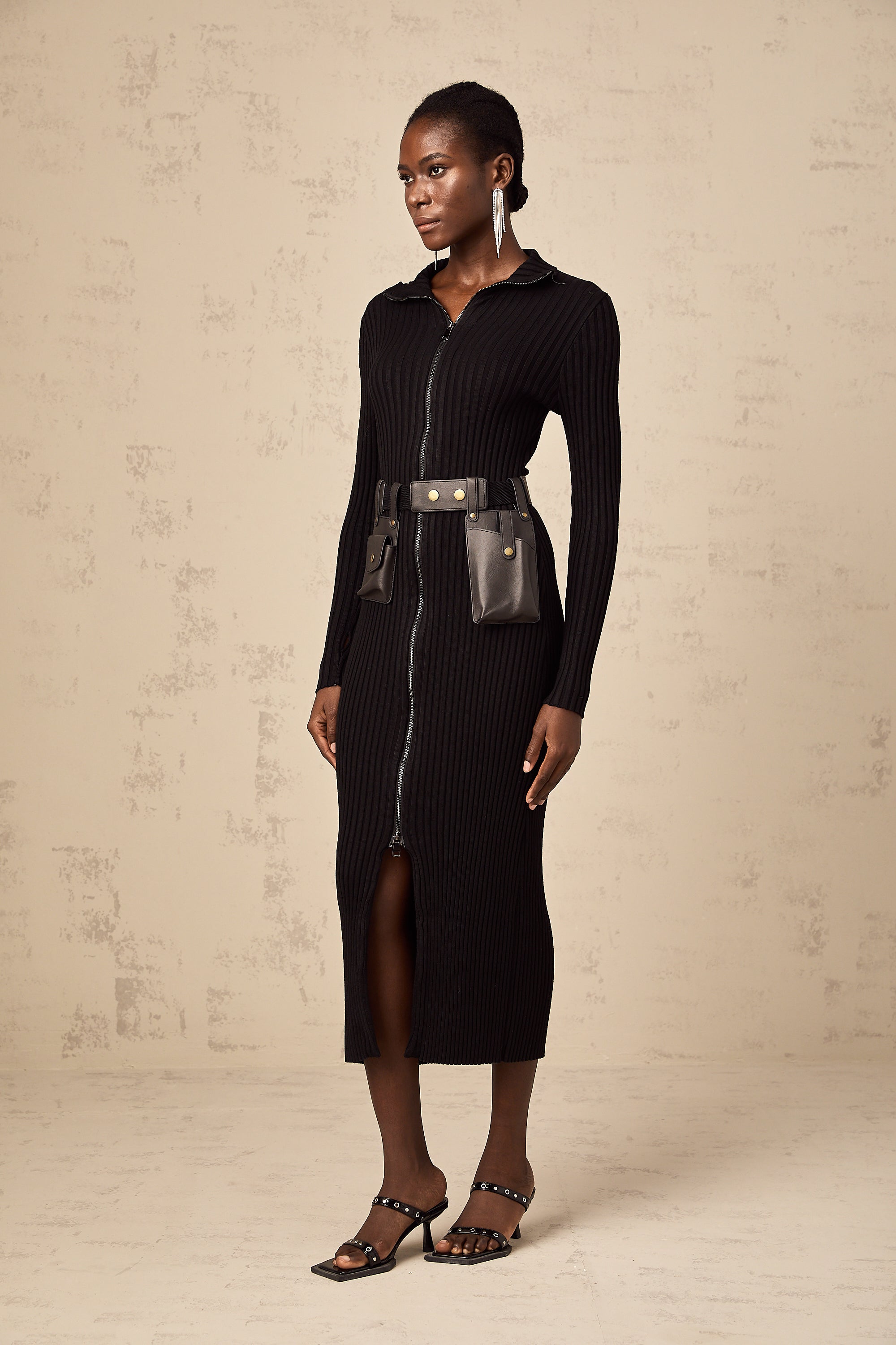 Nicoletta black front-zip belted knit midi dress