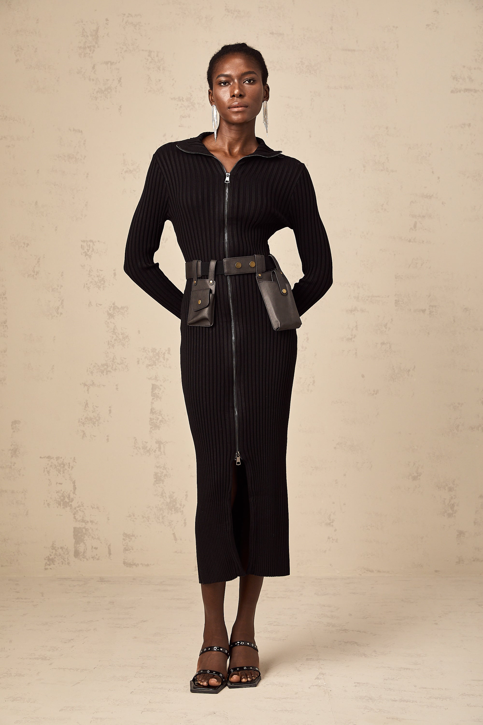 Nicoletta black front-zip belted knit midi dress