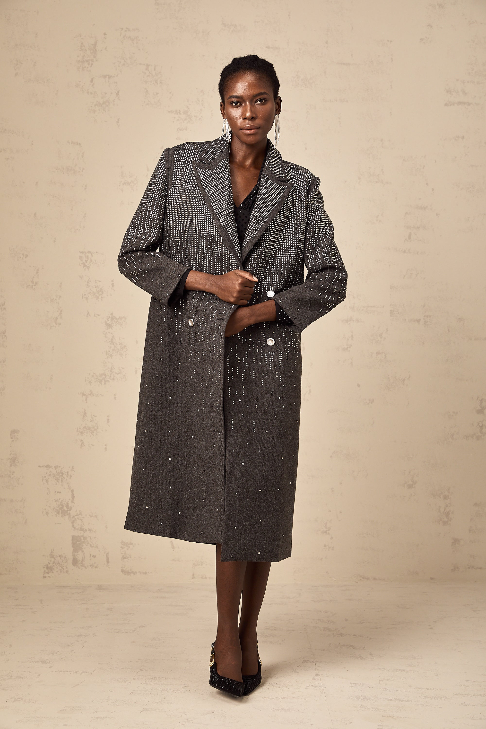 Michelina wool double-breasted studded long coat