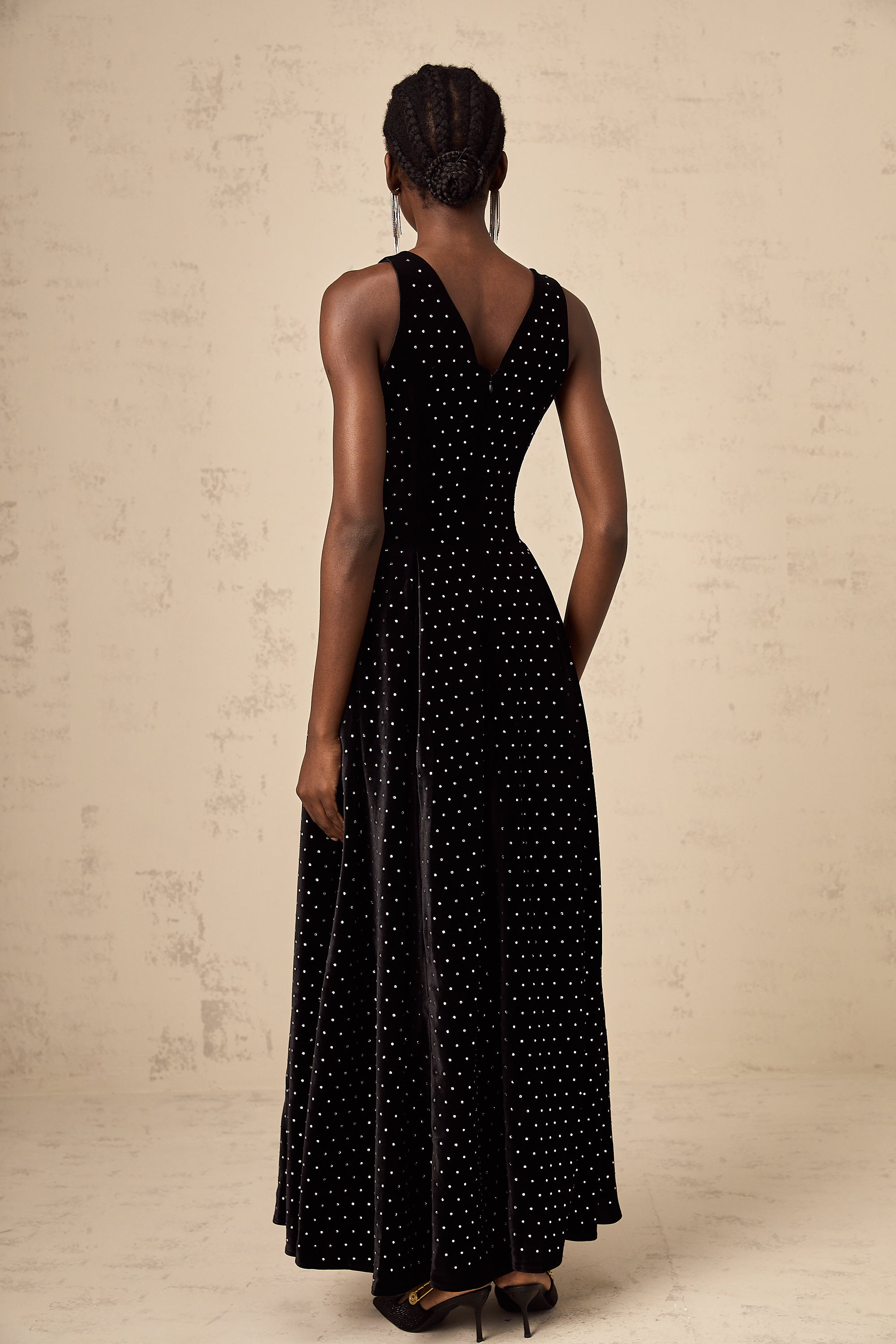 Bianca black crystal-embellished polka-dot maxi dress