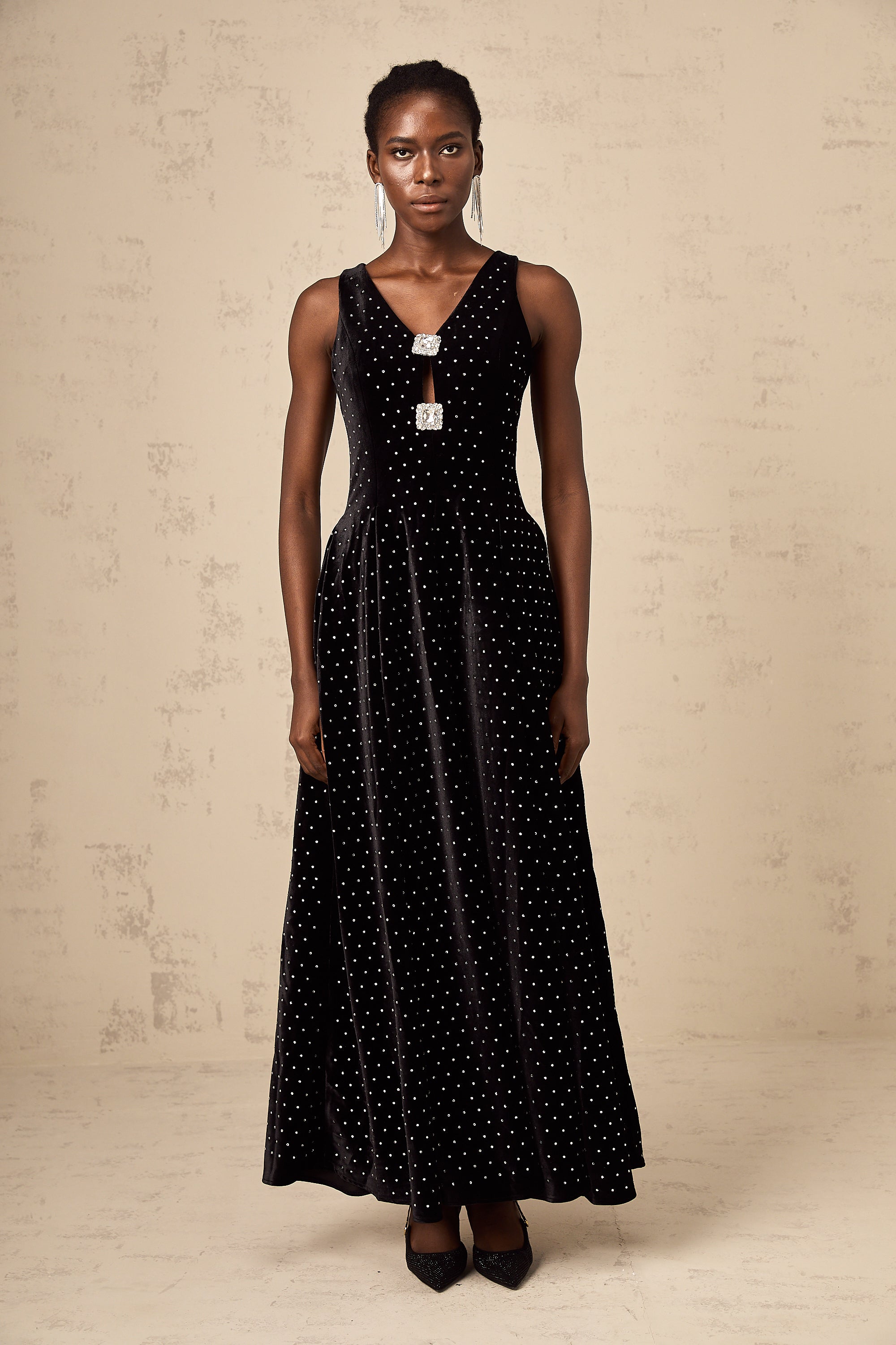 Bianca black crystal-embellished polka-dot maxi dress