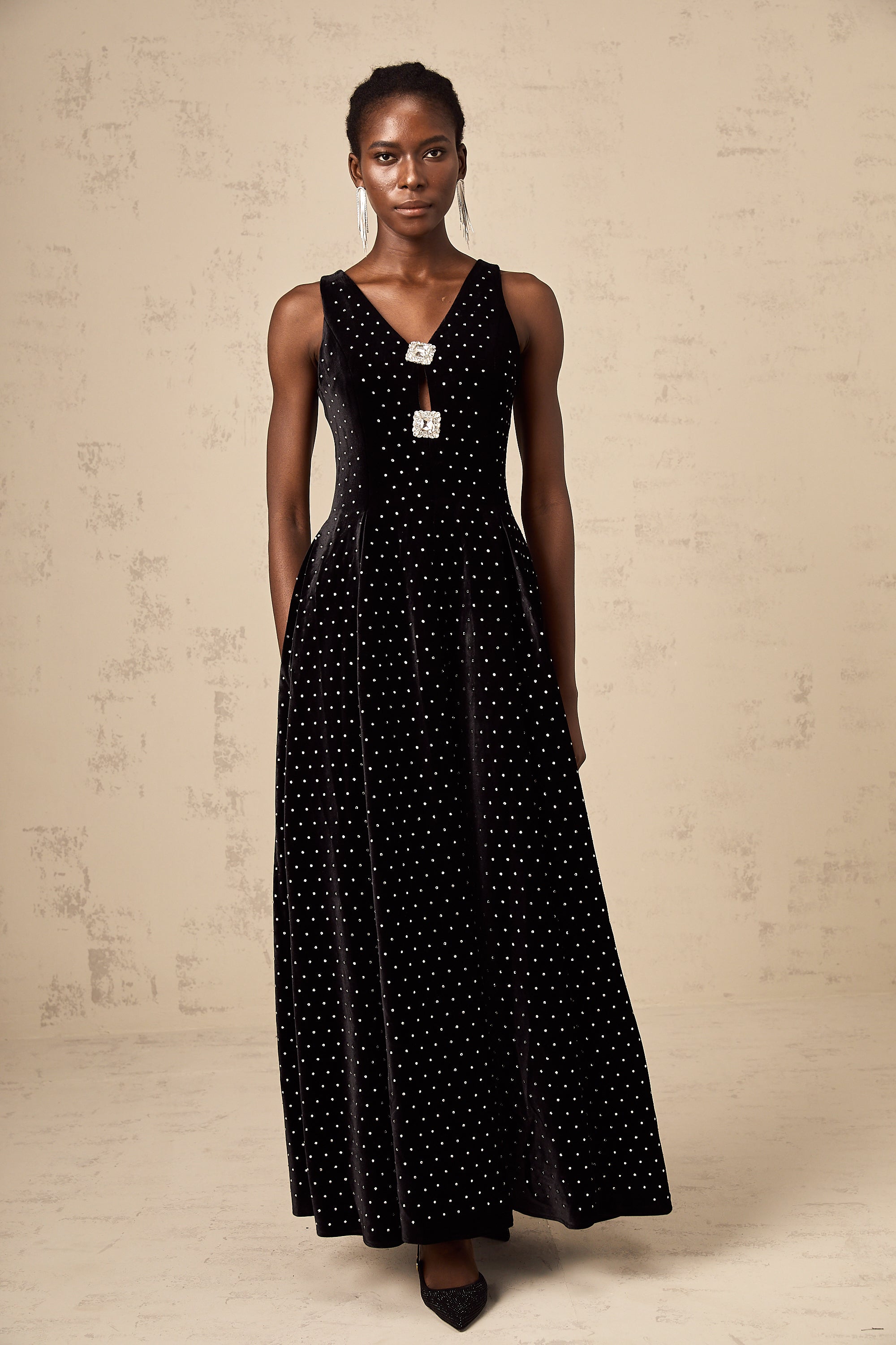 Bianca black crystal-embellished polka-dot maxi dress