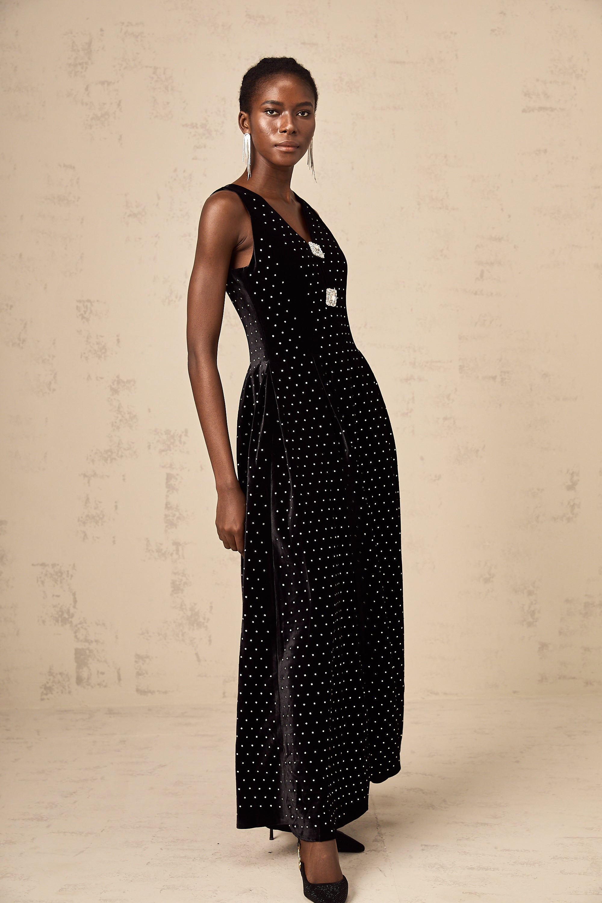 Bianca black crystal-embellished polka-dot maxi dress