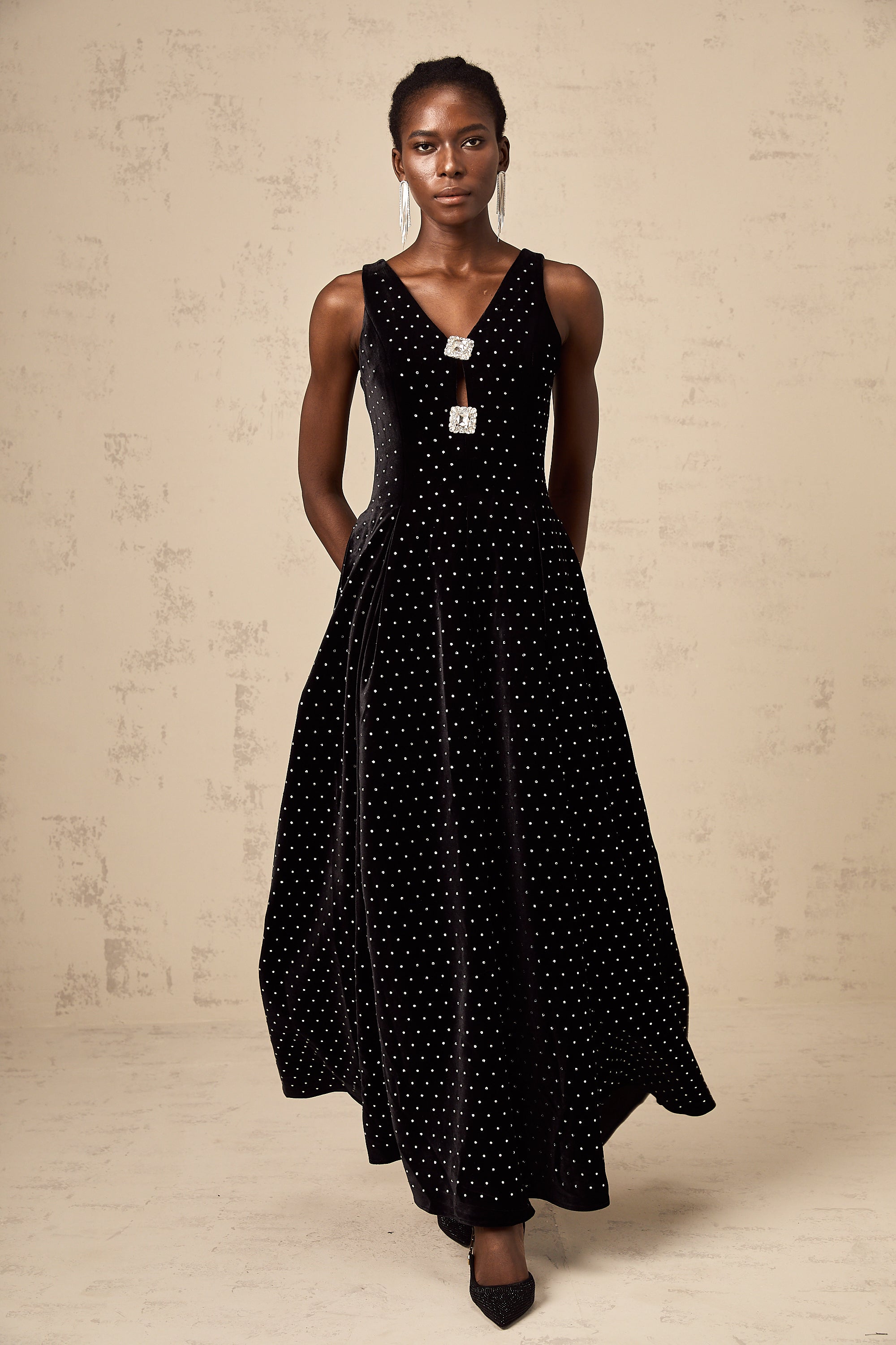 Bianca black crystal-embellished polka-dot maxi dress