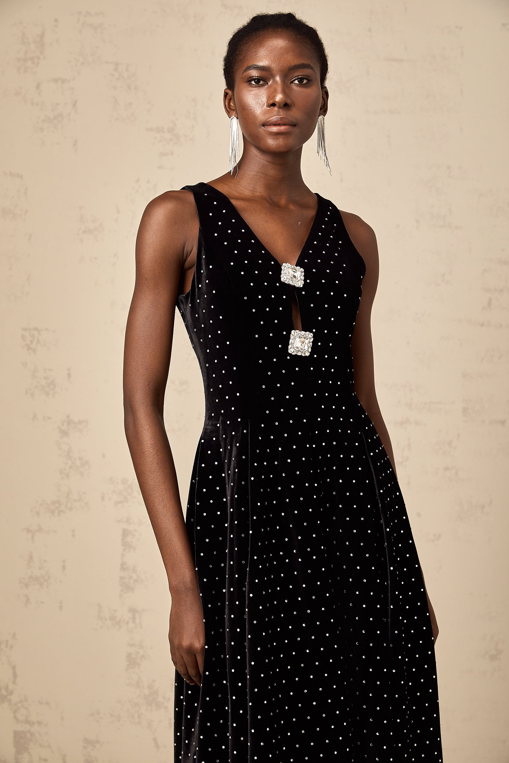 Bianca black crystal-embellished polka-dot maxi dress