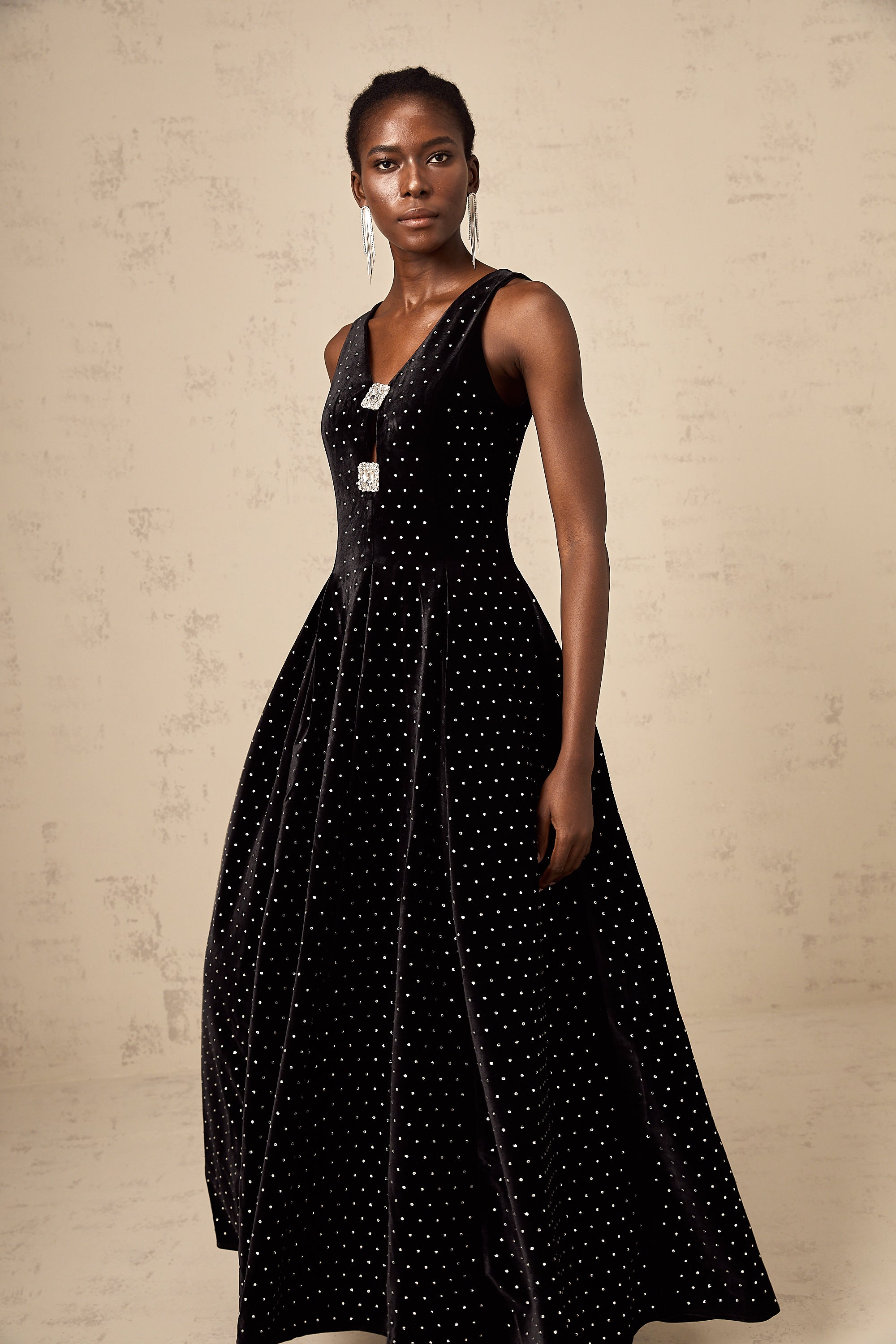 Bianca black crystal-embellished polka-dot maxi dress