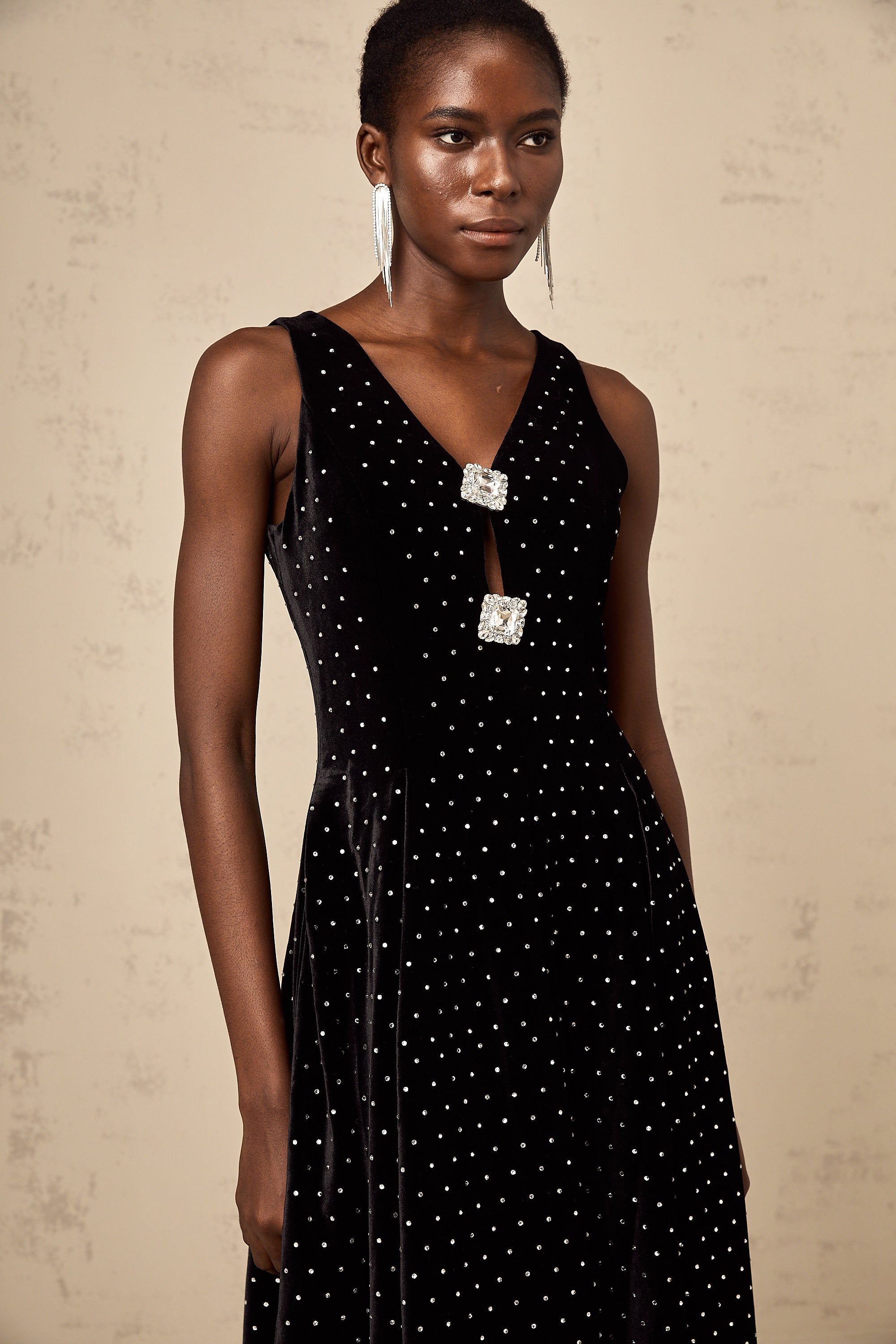 Bianca black crystal-embellished polka-dot maxi dress