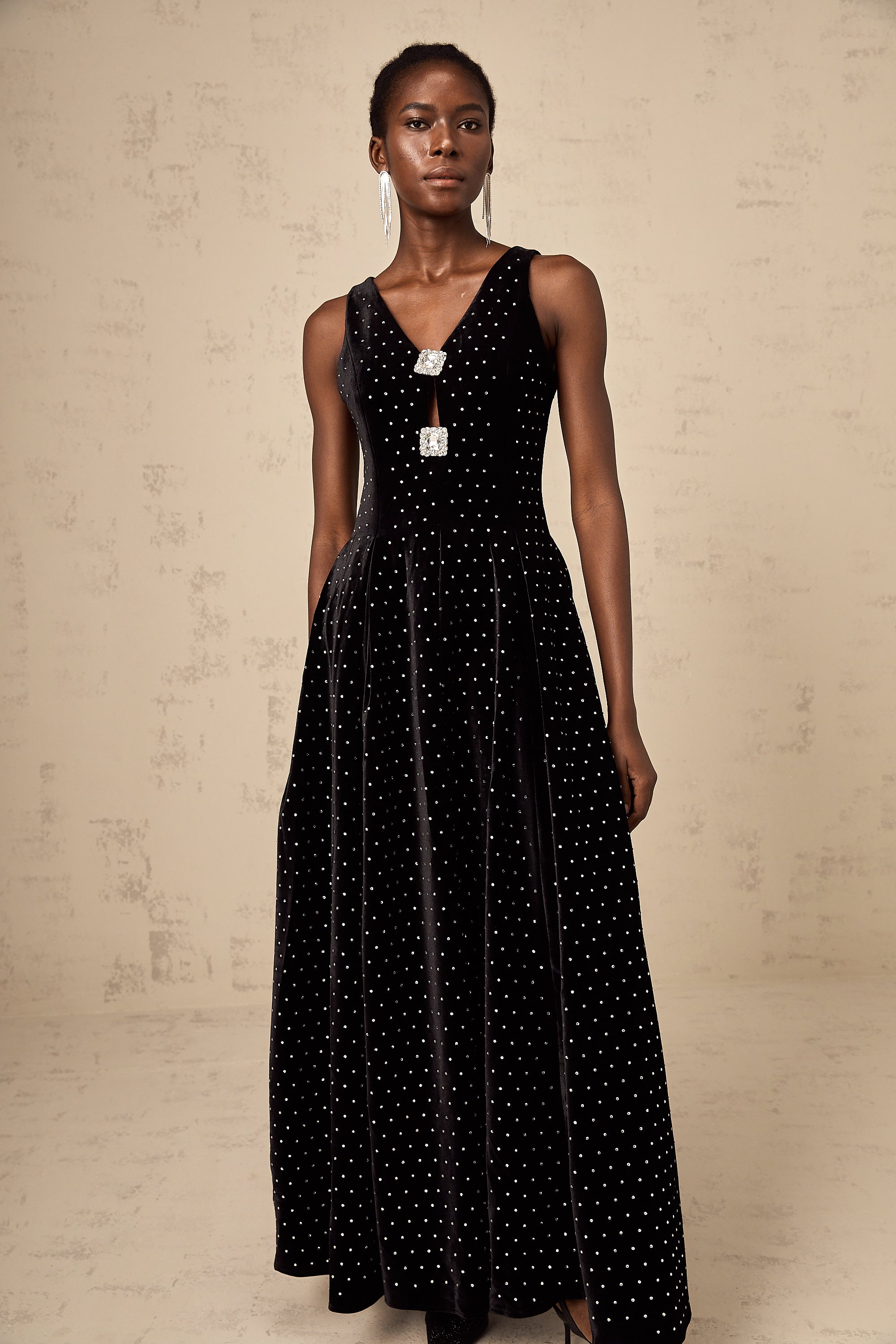 Bianca black crystal-embellished polka-dot maxi dress