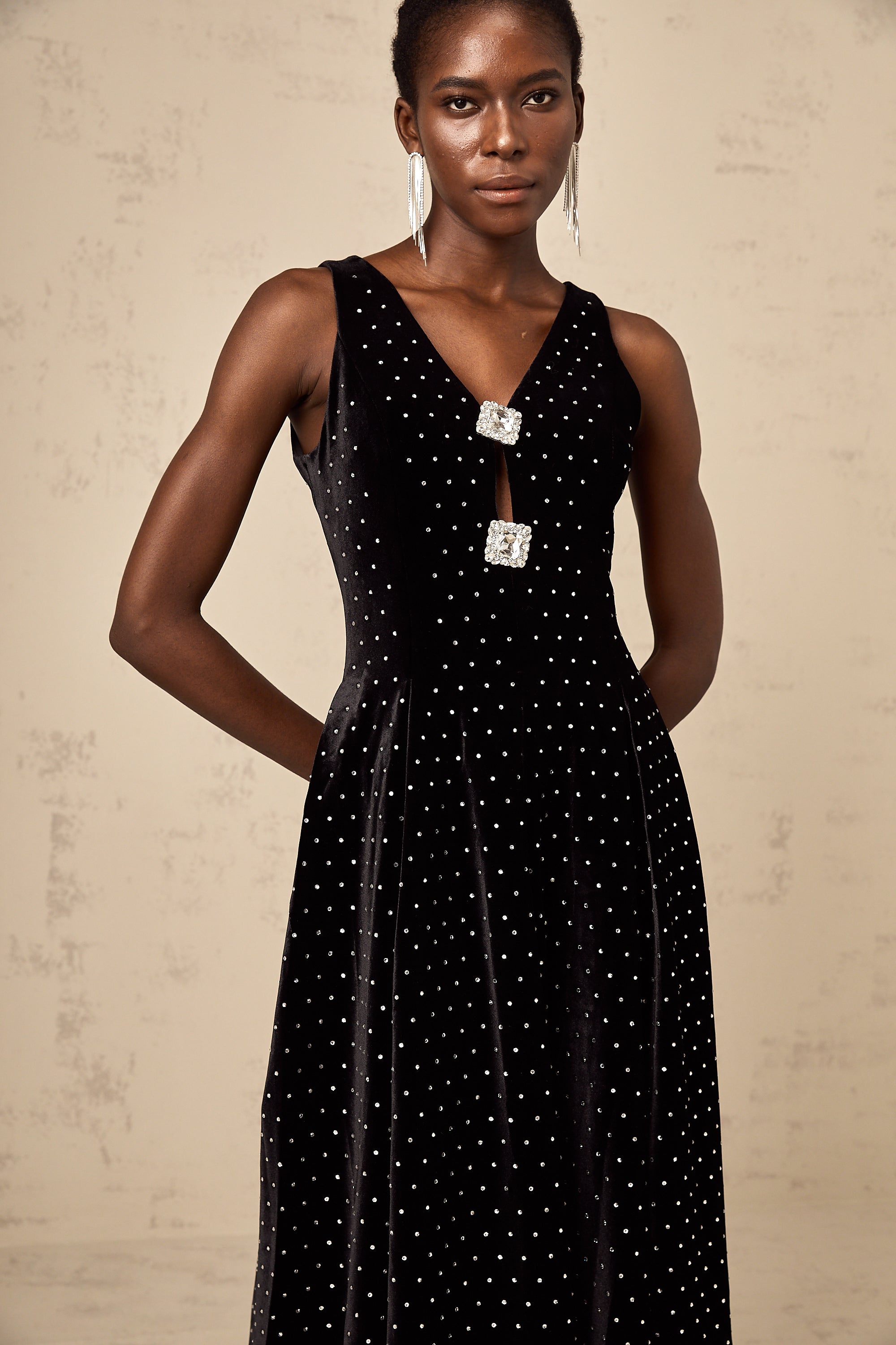 Bianca black crystal-embellished polka-dot maxi dress