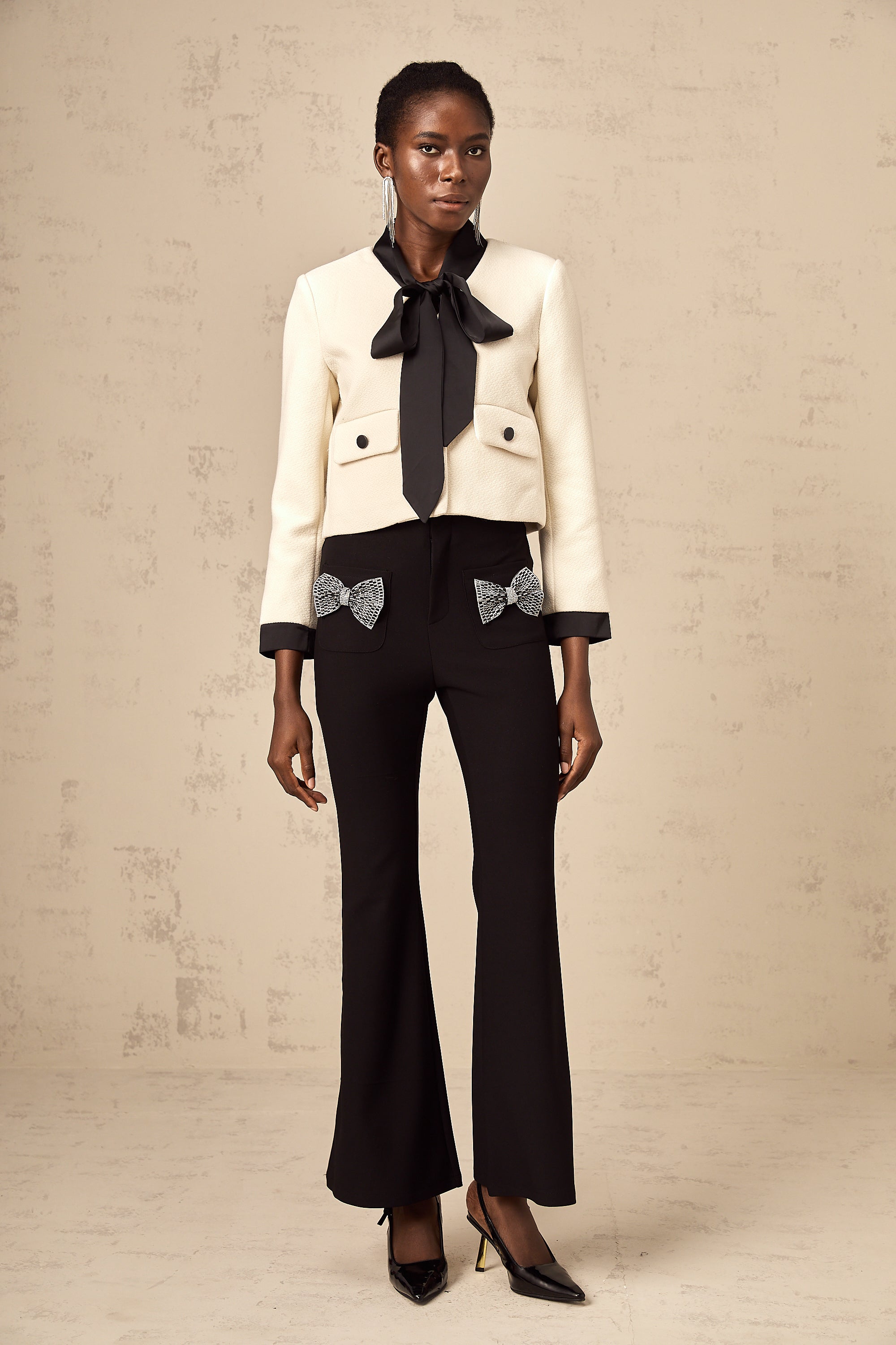 Amelia color-blocked ribbon tie-neck cropped jacket