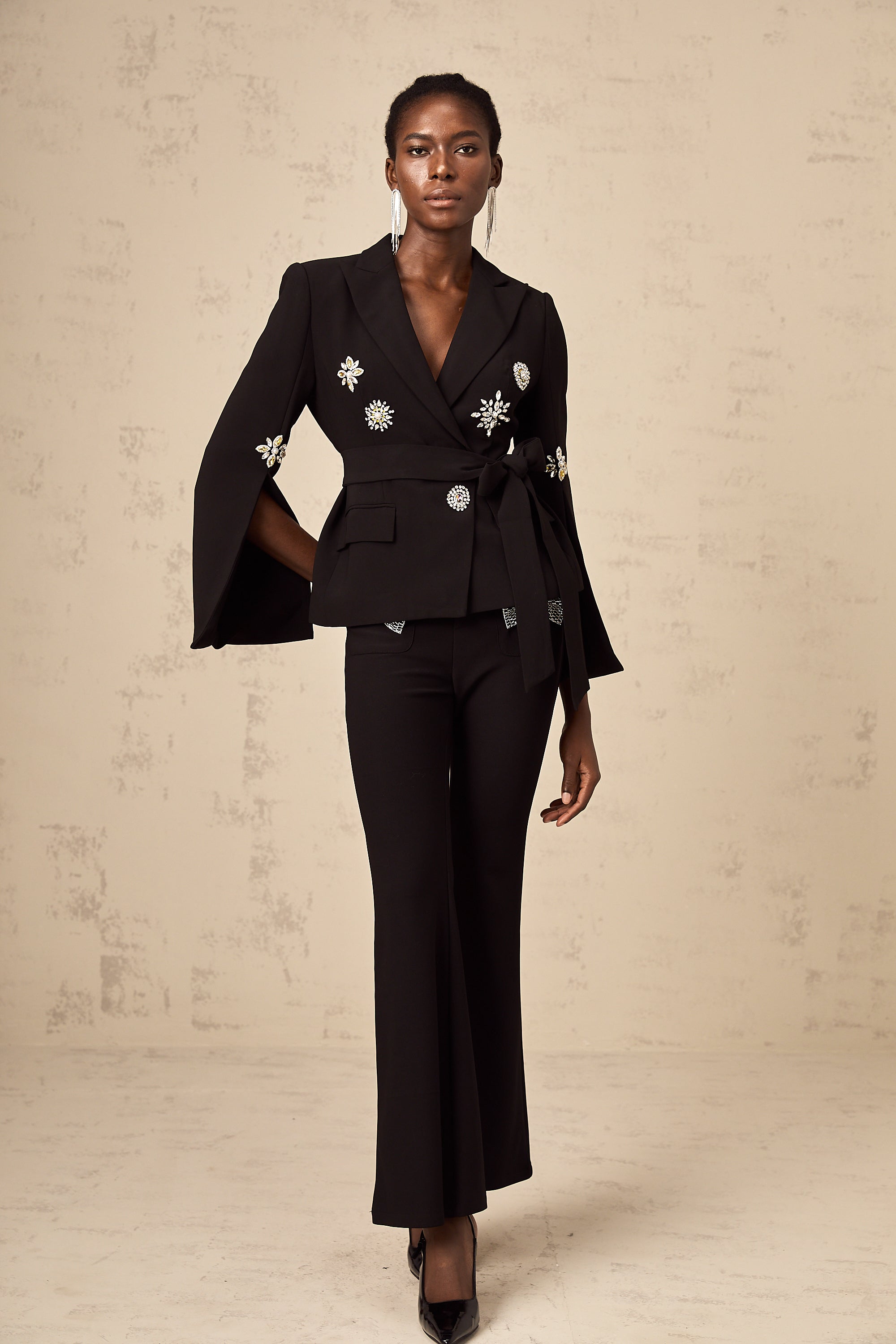 Geltrude black self-tie crystal-embellished blazer