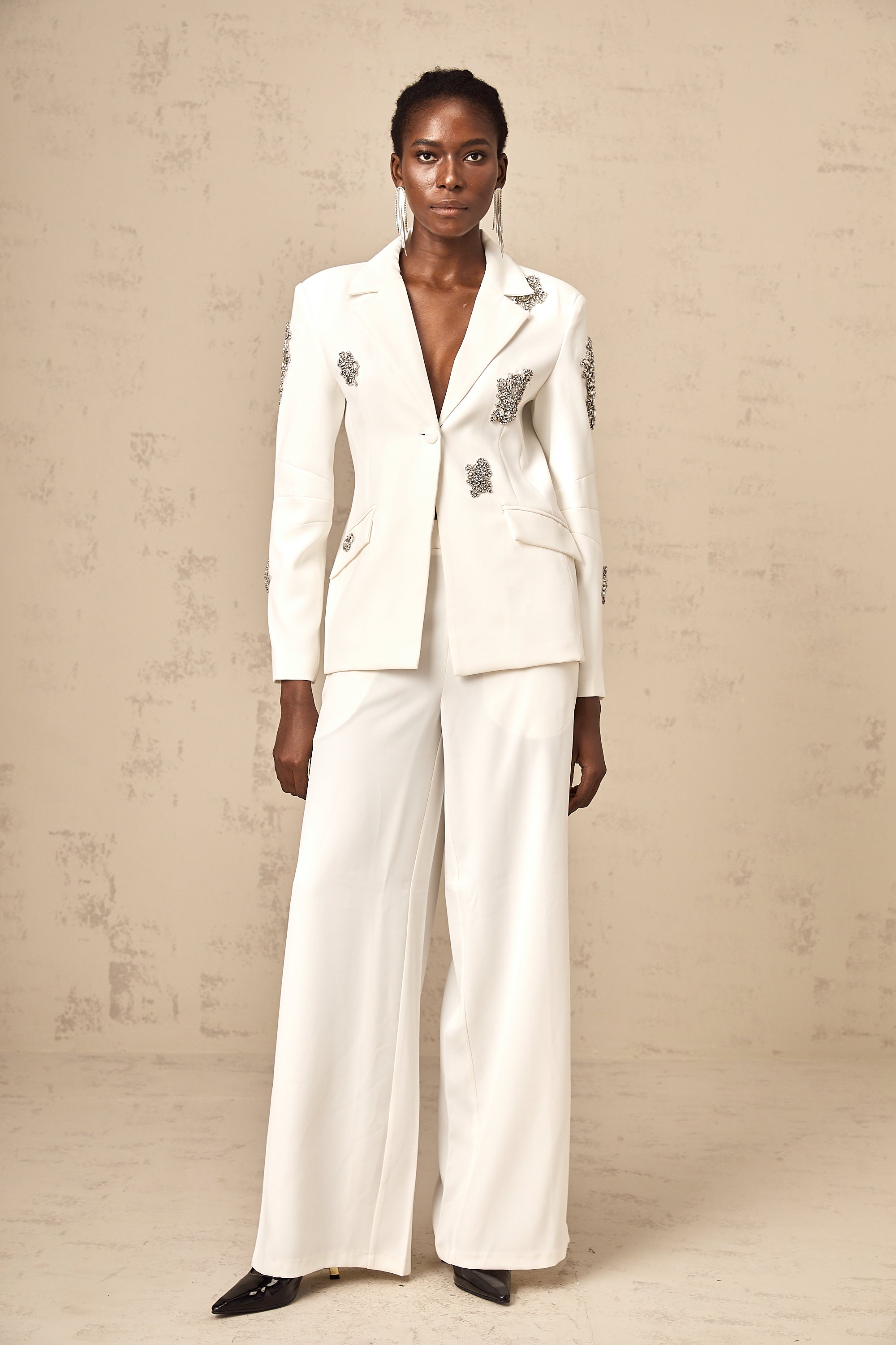 Edvige white crystal-embellished blazer & trousers matching set