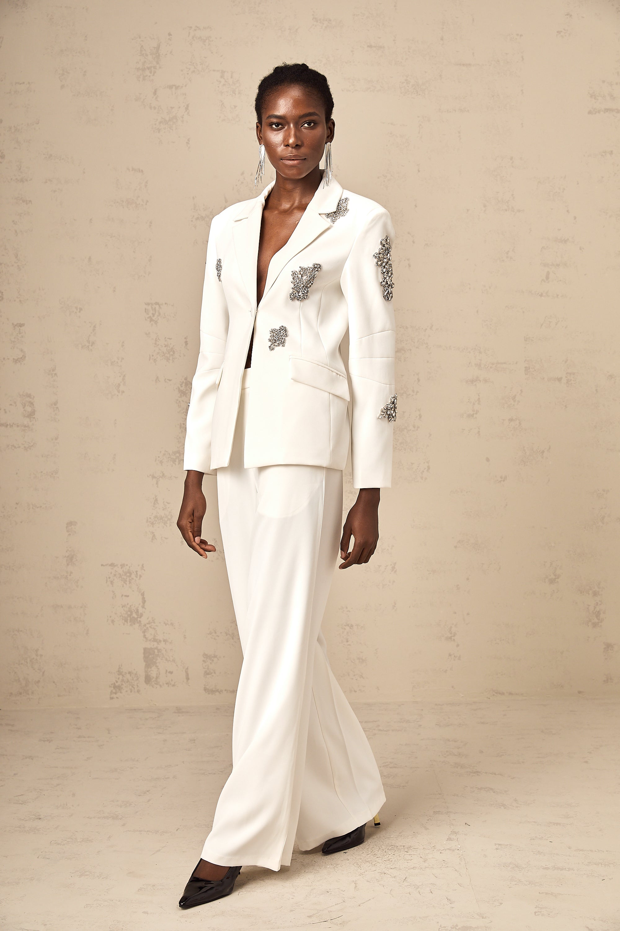 Edvige white crystal-embellished blazer & trousers matching set