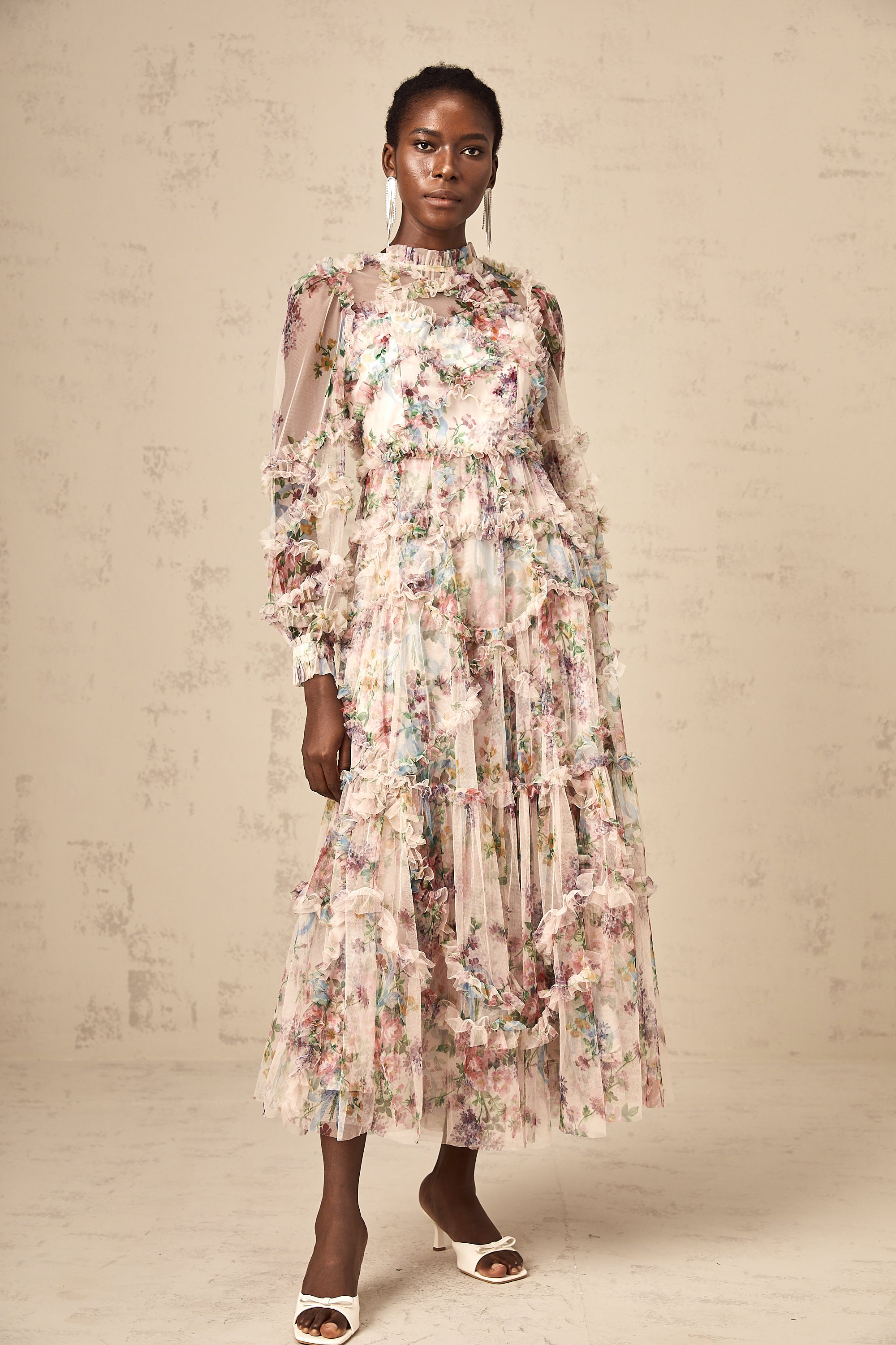 Candice floral ruffled tulle midi dress