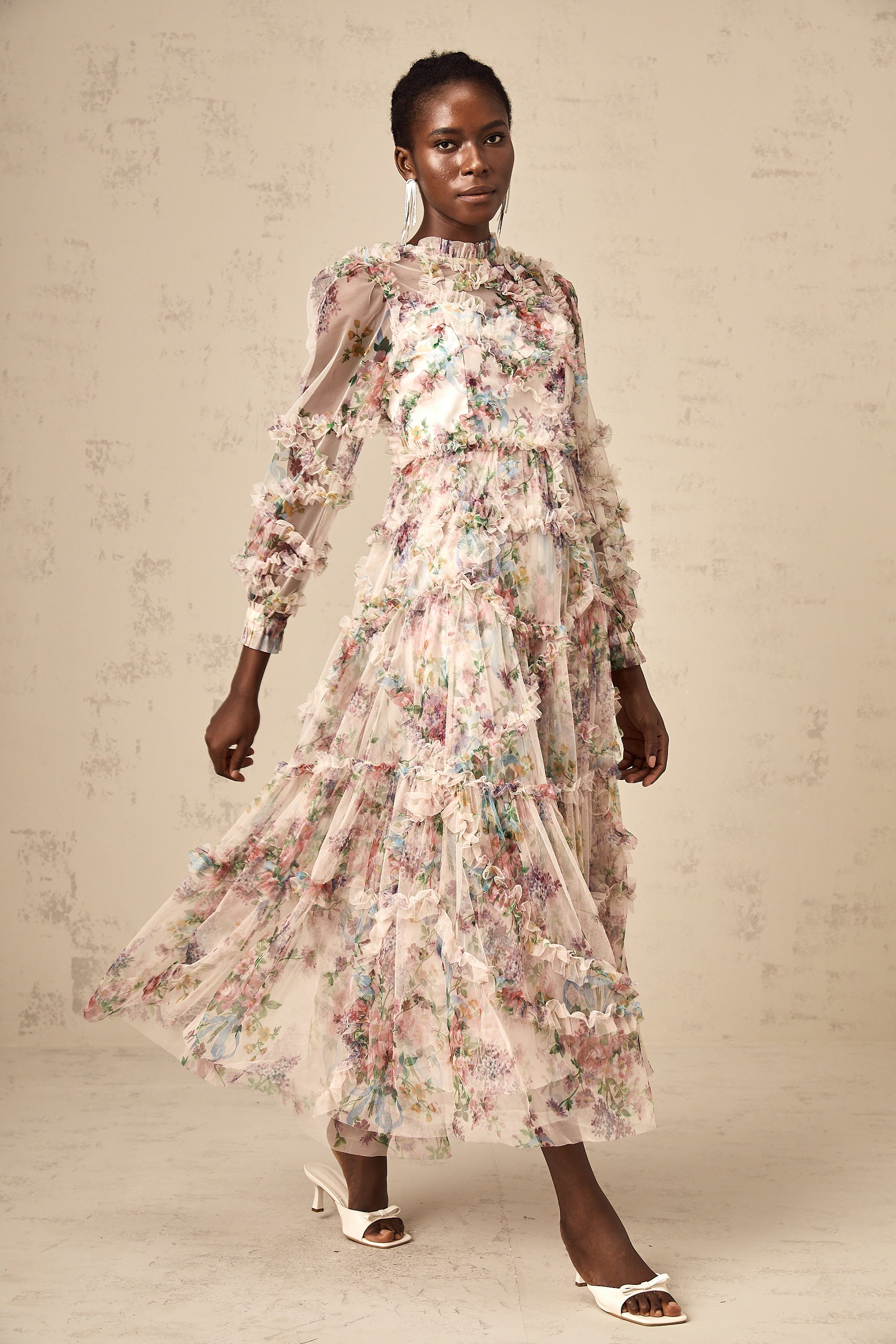 Candice floral ruffled tulle midi dress