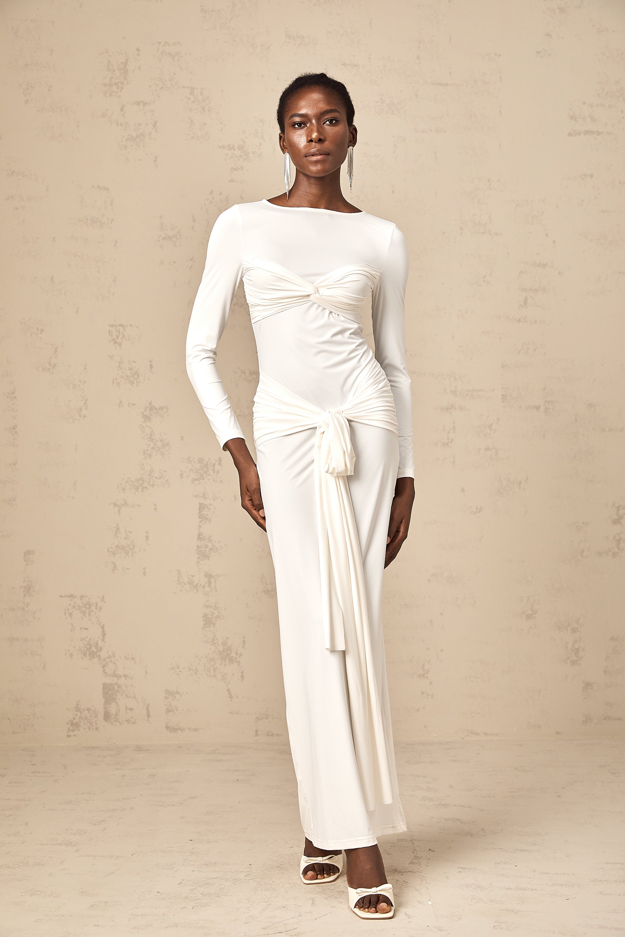 Elena white ribbon twist-detail ruched maxi dress